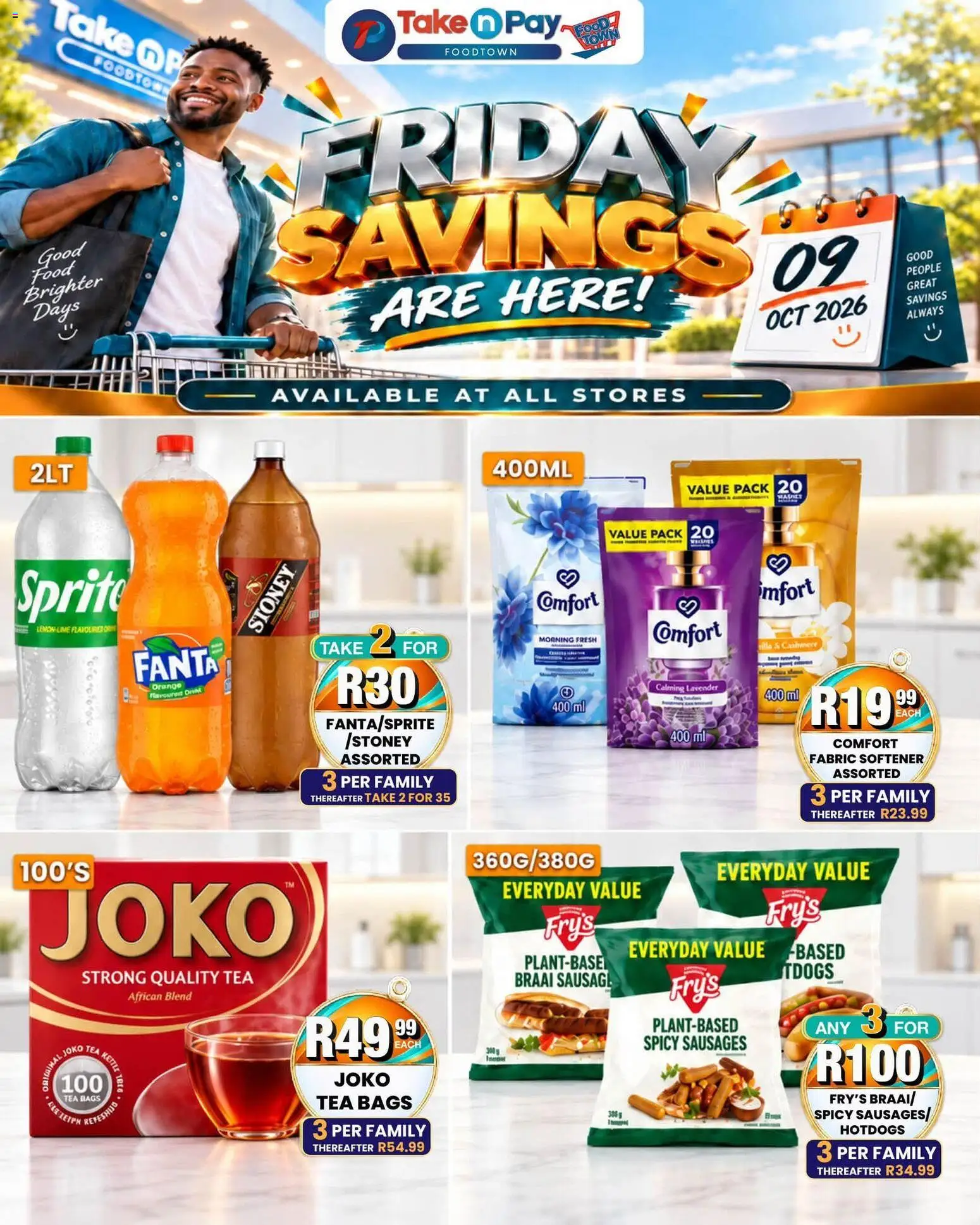 Preview of Take n Pay flyer valid from 09/10/2026 - Tea, Lemon, Lime, Sprite, Fanta, Fabric softener, Stoney, Fry's