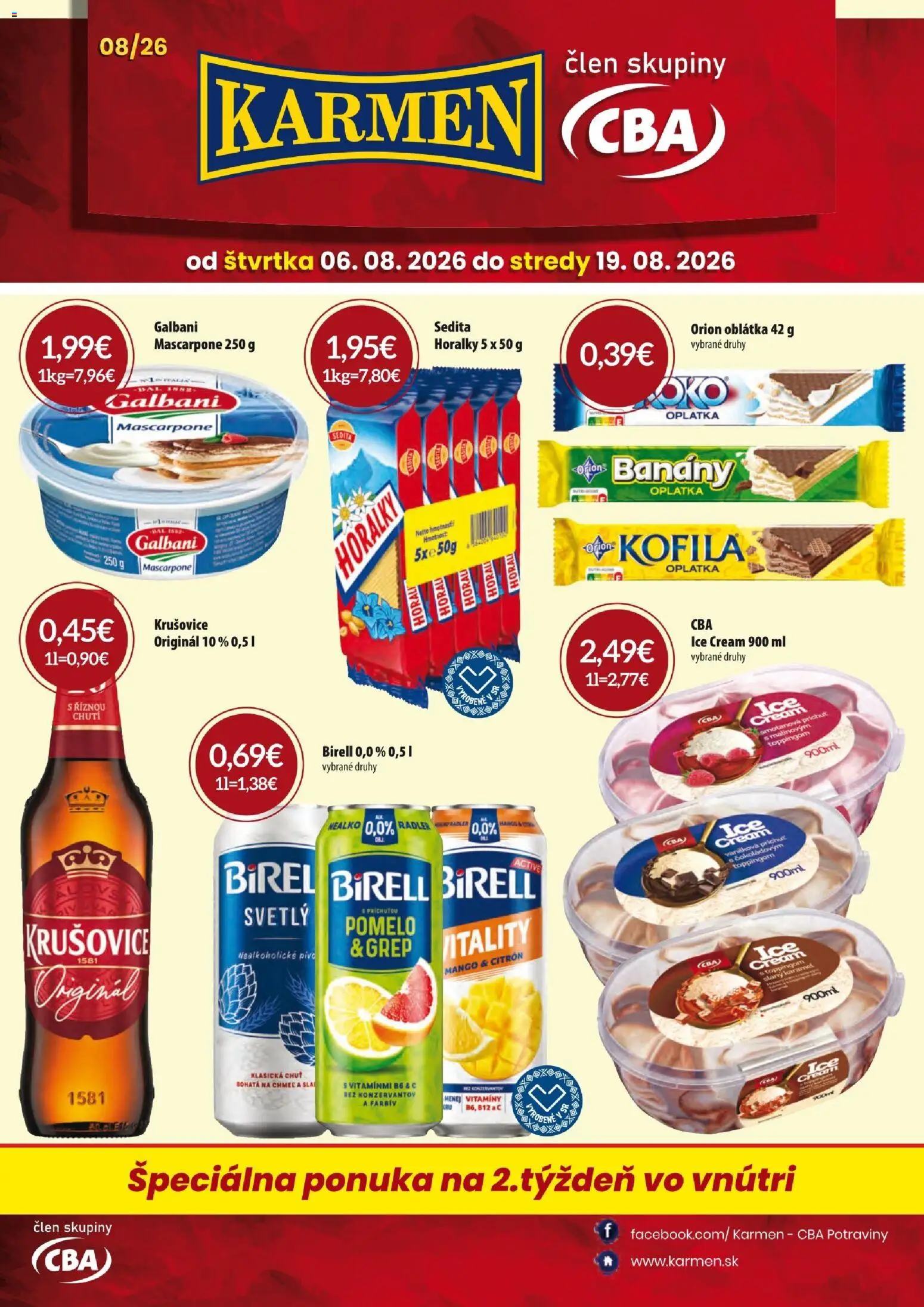 Náhľad KARMEN CBA letáku platného od 06.08.2026 - Pivo, Mascarpone, Pomelo, Birell, Krušovice, Grep, Nealkoholické pivo, Horálky