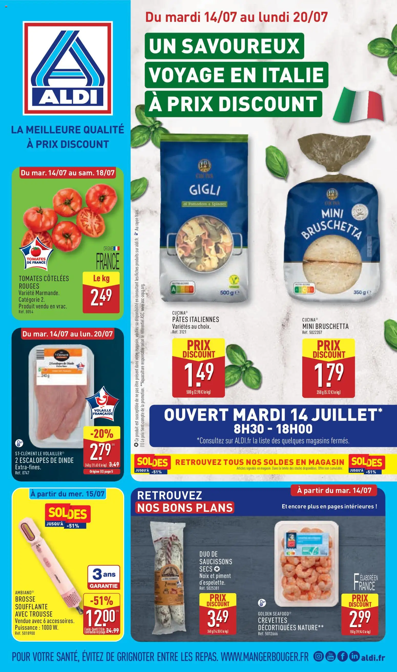 Prévisualisation de Aldi catalogue du magasin Aldi formulaire valide 14/07/2026 - Tomates, Dinde, Volaille, Piment, Escalopes, Escalopes de dinde, Crevettes, Crevettes décortiquées