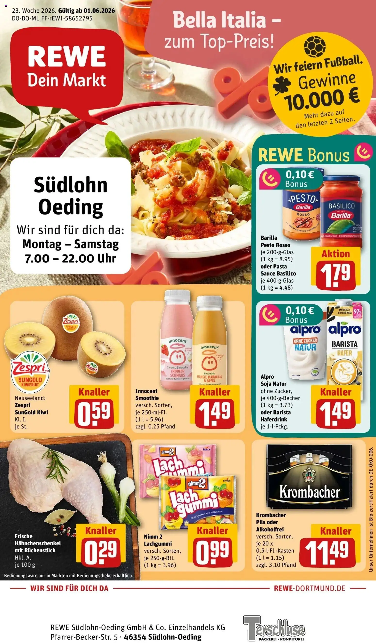 Vorschau von dem Prospekt des Geschäftes Rewe, gültig ab dem 01.06.2026 - Uhr, Pasta, Äpfel, Hahnchenschenkel, Barilla pesto, Alpro, Pils, Haferdrink