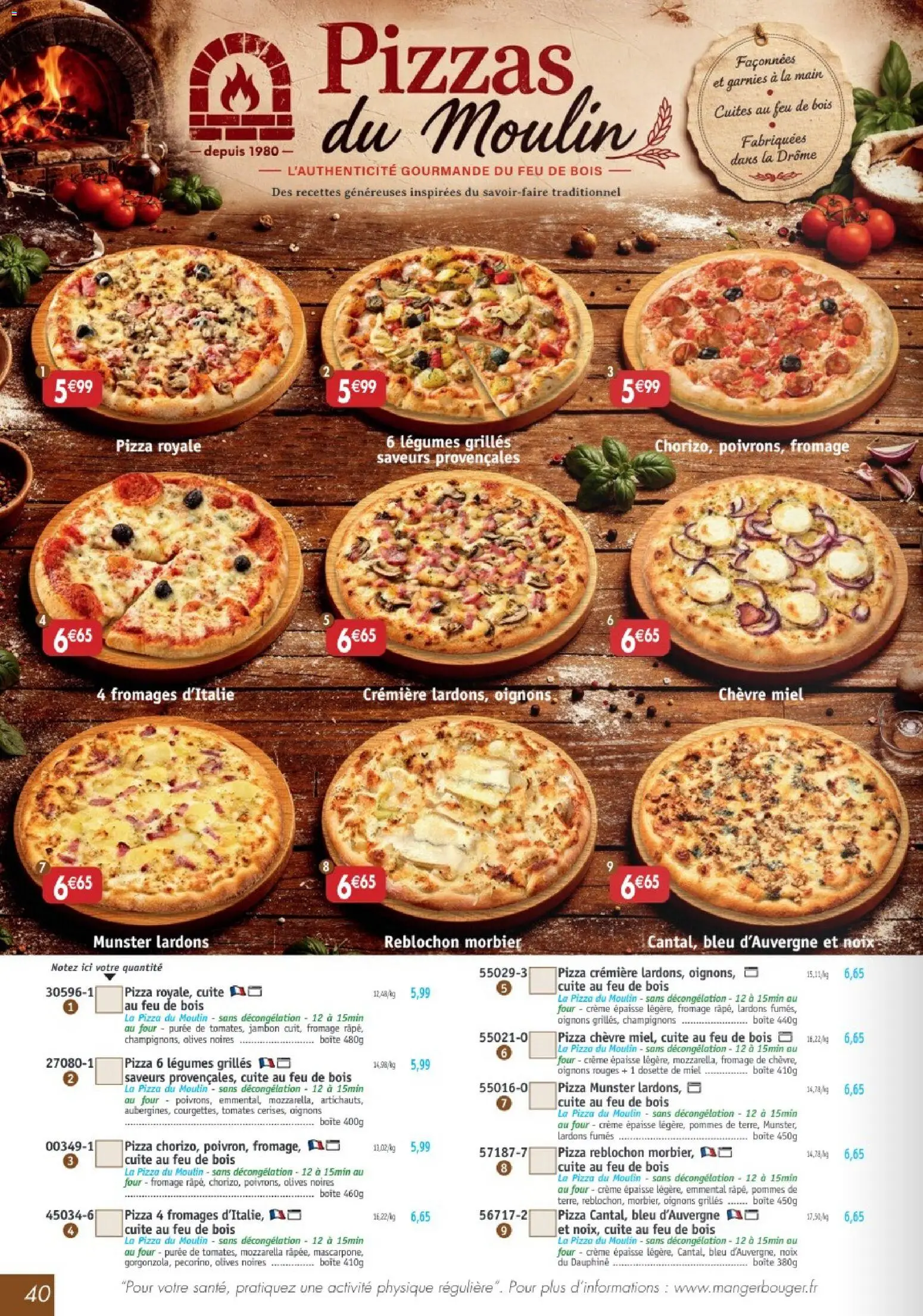 Prévisualisation de Maximo catalogue du magasin Maximo formulaire valide 26/10/2026 - Four, Mozzarella, Miel, Oignons, Reblochon, Crème, Olives, Lardons