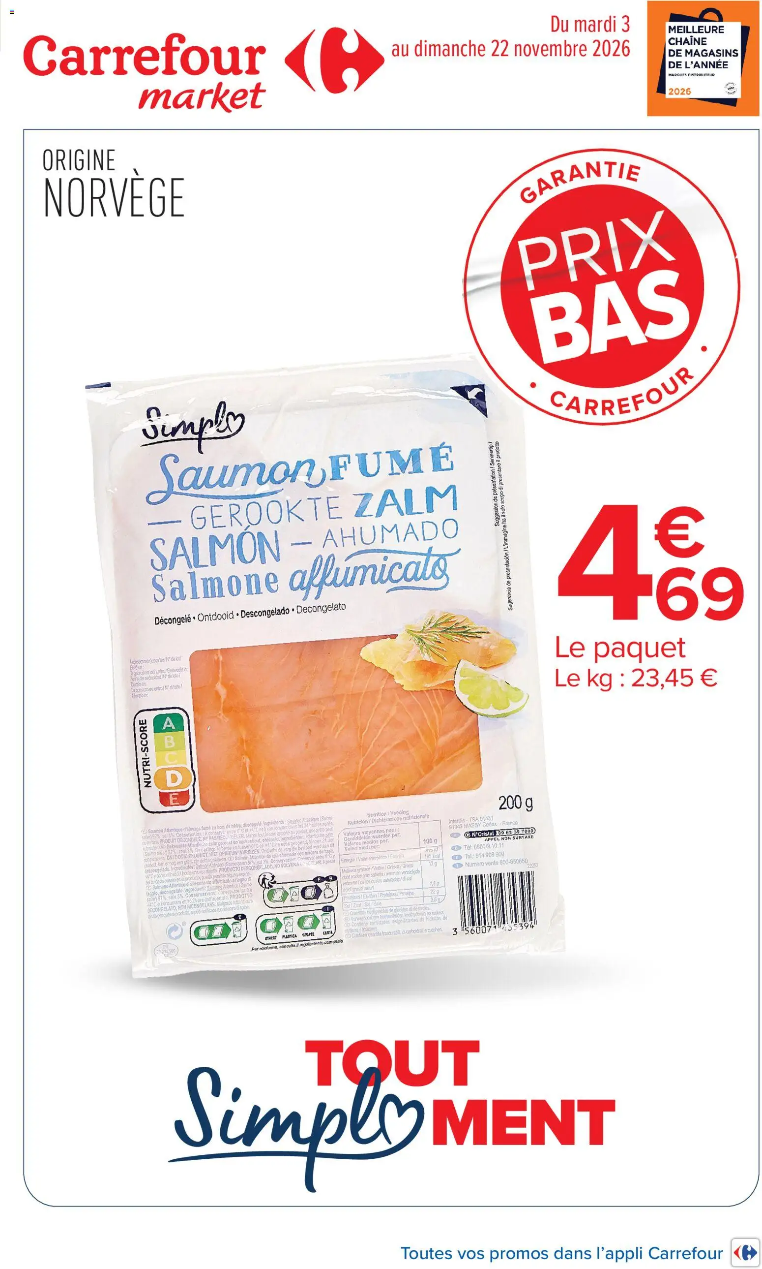 Prévisualisation de Carrefour Market Premier prix simpl du magasin Carrefour Market formulaire valide 03/11/2026 - Distributeur, Protéine, Saumon, Saumon fumé, Sel, Ingrédients