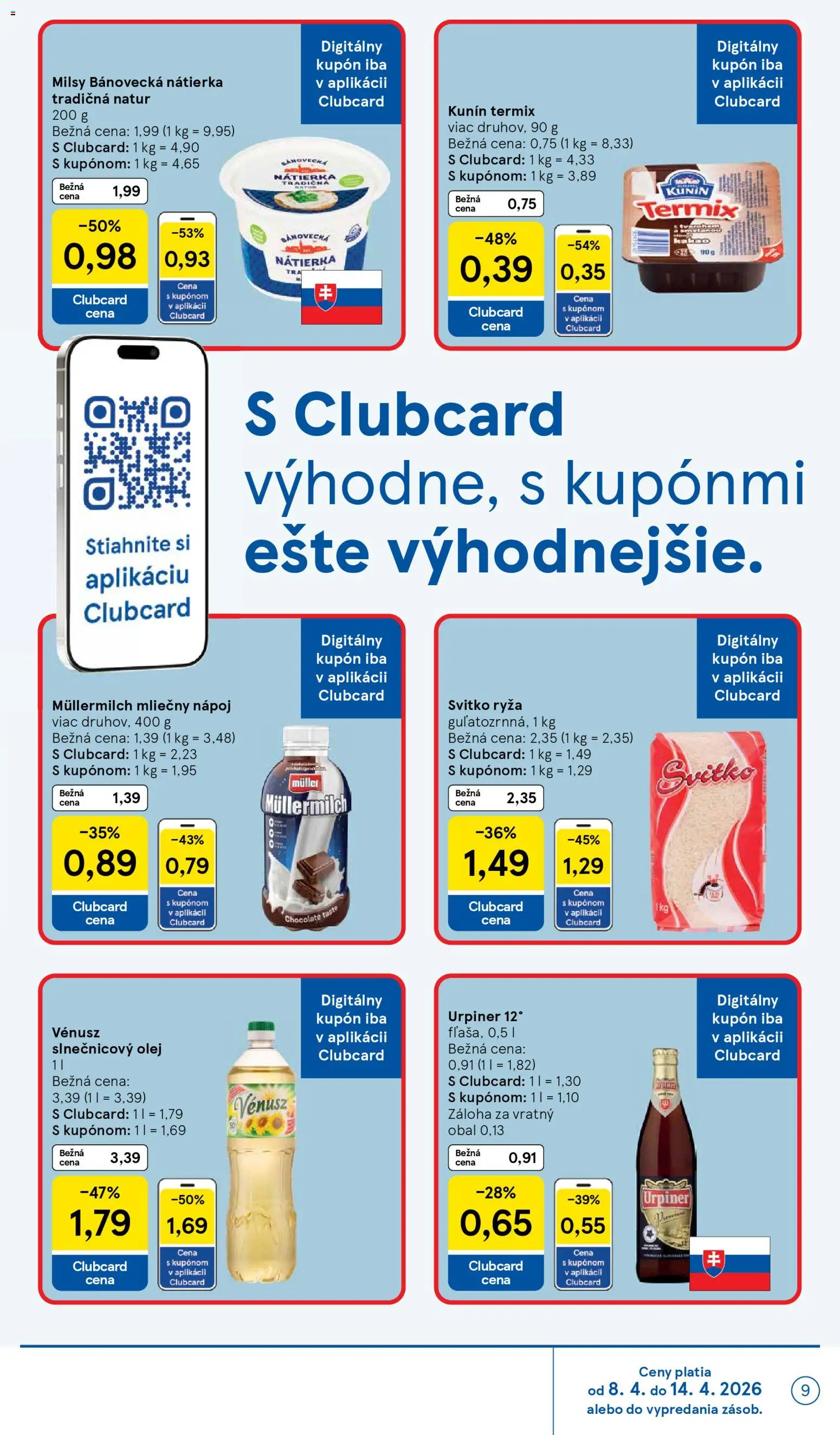 Náhľad Tesco letáku platného od 08.04.2026 - Olej, Ryža, Kakao, Urpiner, Nátierka, Termix, Slnečnicový olej