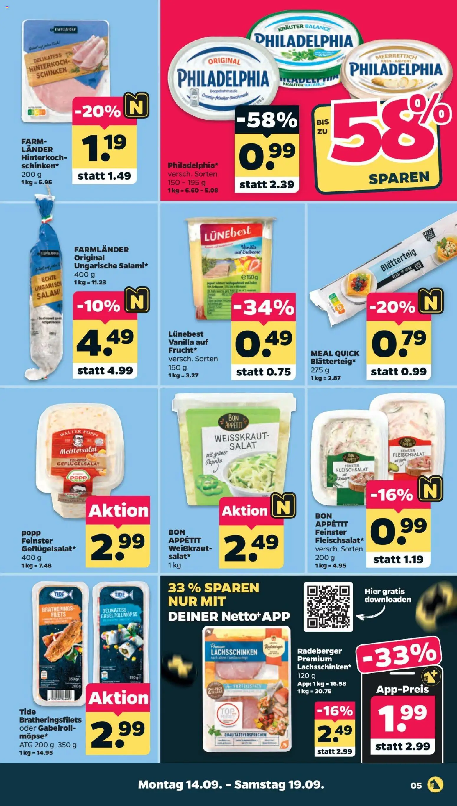 Vorschau von dem Prospekt des Geschäftes Netto, gültig ab dem 14.09.2026 - Philadelphia, Salat, Paprika, Salami, Schinken