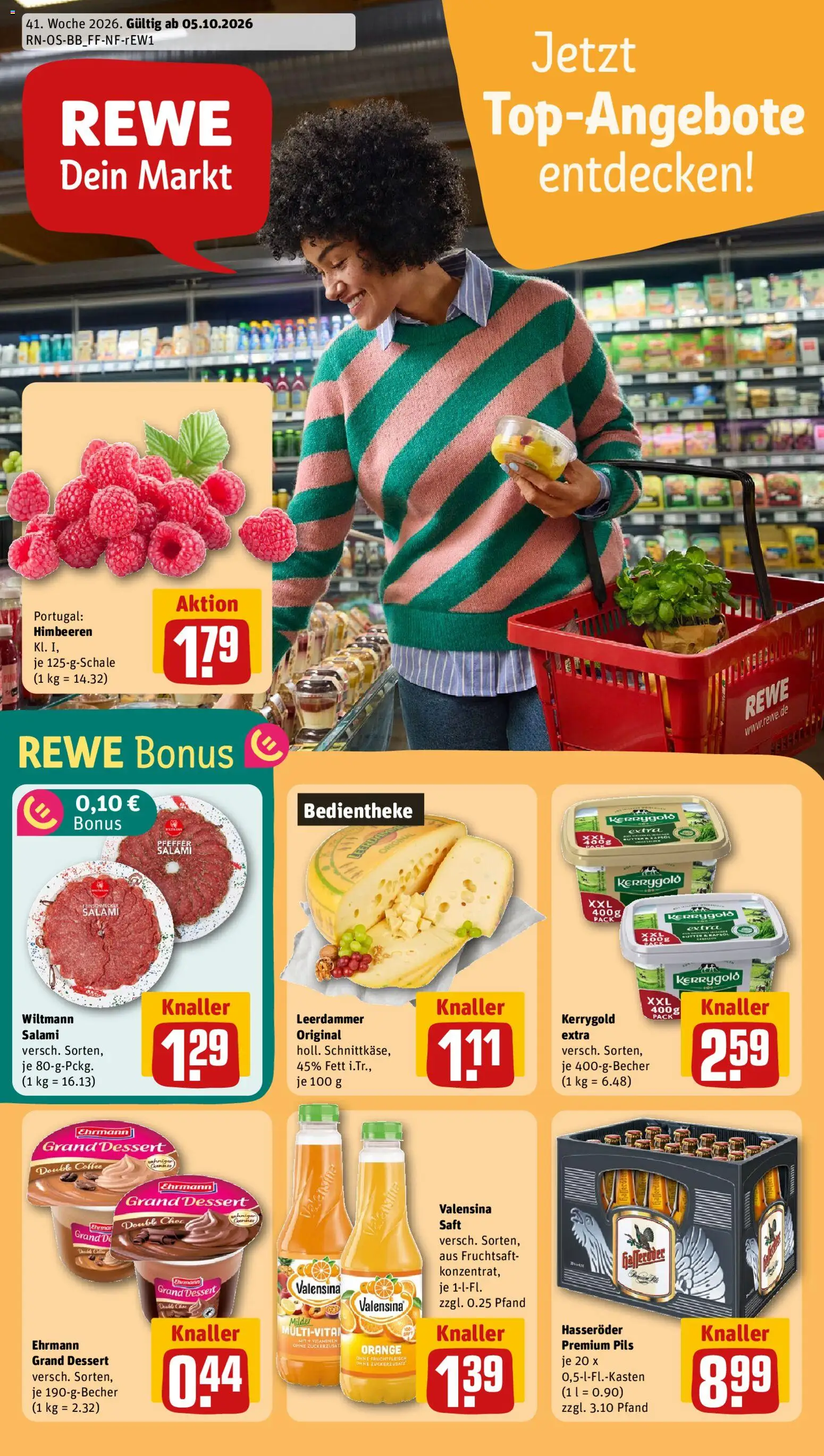 Vorschau von dem Prospekt des Geschäftes Rewe, gültig ab dem 05.10.2026 - Himbeeren, Salami, Rapsöl, Saft, Hasseröder, Leerdammer, Valensina, Fruchtsaft