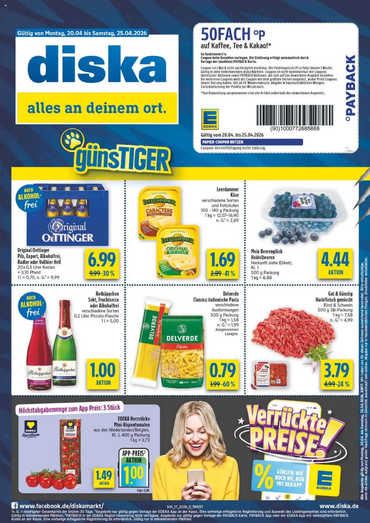 Vorschau von dem Prospekt des Geschäftes Diska, gültig ab dem 20.04.2026 - Tee, Spaghetti, Alkohol, Heidelbeeren, Rotkäppchen, Hackfleisch, Oettinger, Fruchtsecco