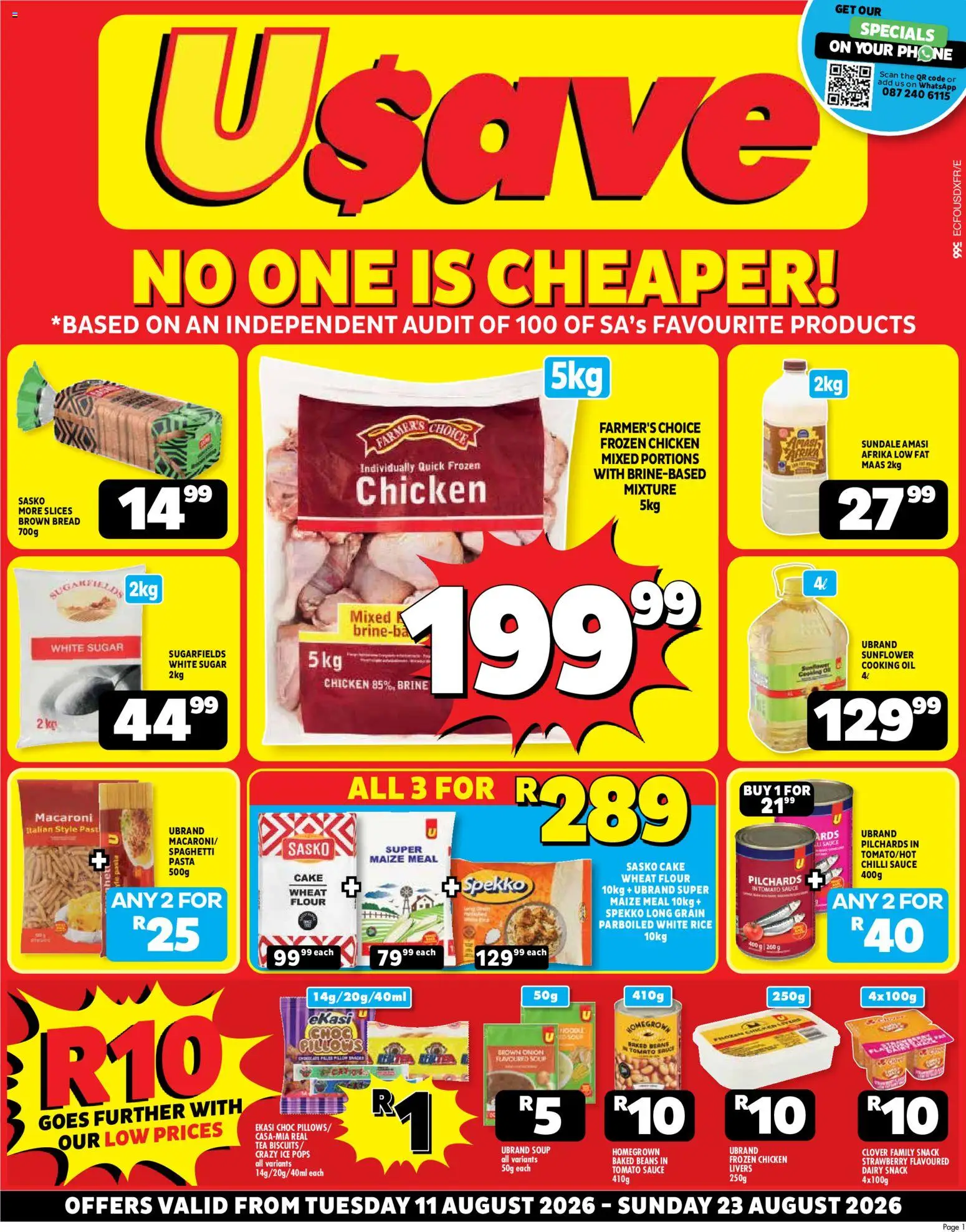 Preview of Usave flyer valid from 11/08/2026 - Bread, Sugar, Rice, Flour, Beans, Maize meal, Baked beans, Pilchards