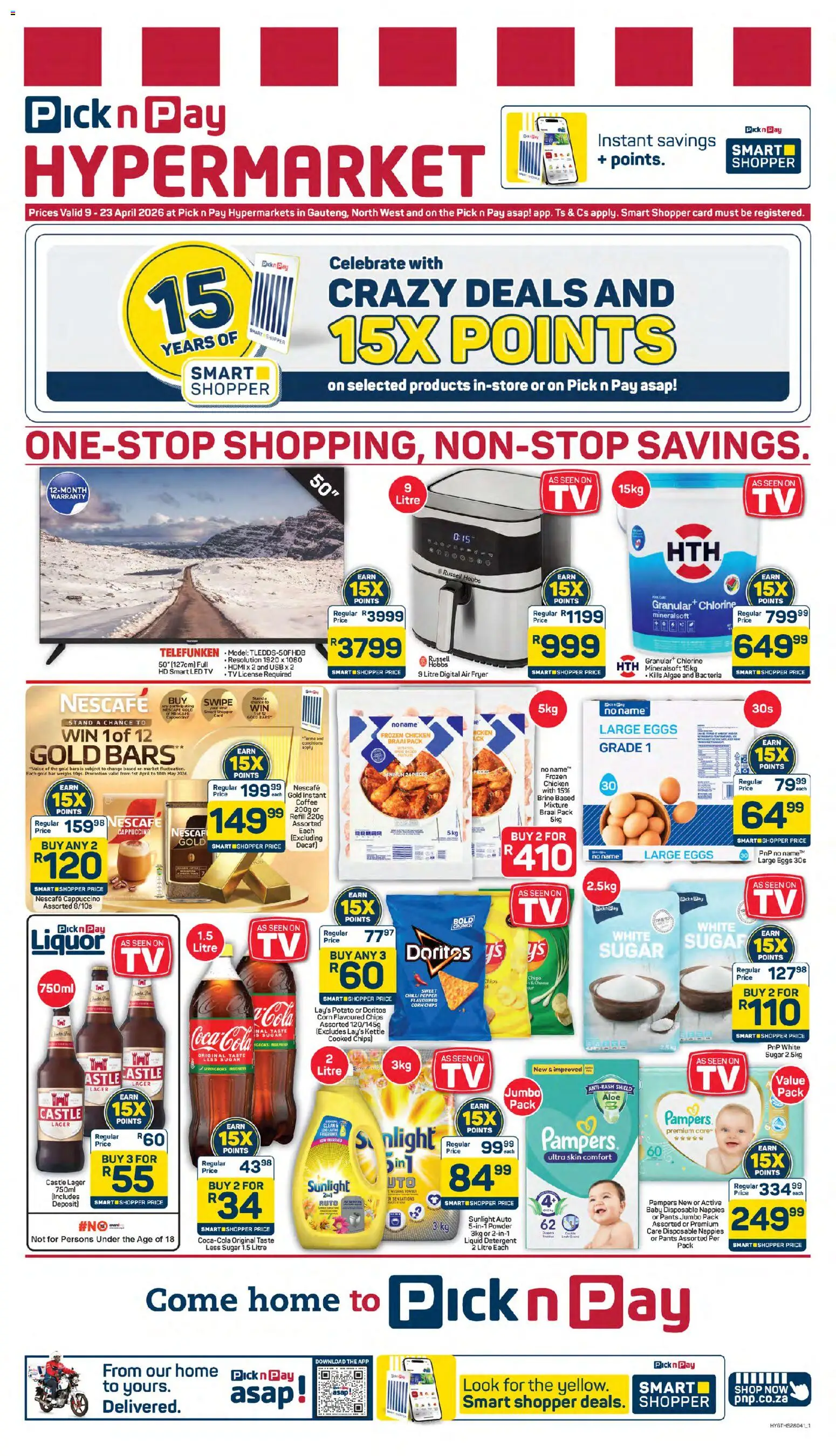 Preview of Pick n Pay flyer valid from 09/04/2026 - Air fryer, TV, Eggs, Chips, USB, Pants, Powder, Instant coffee