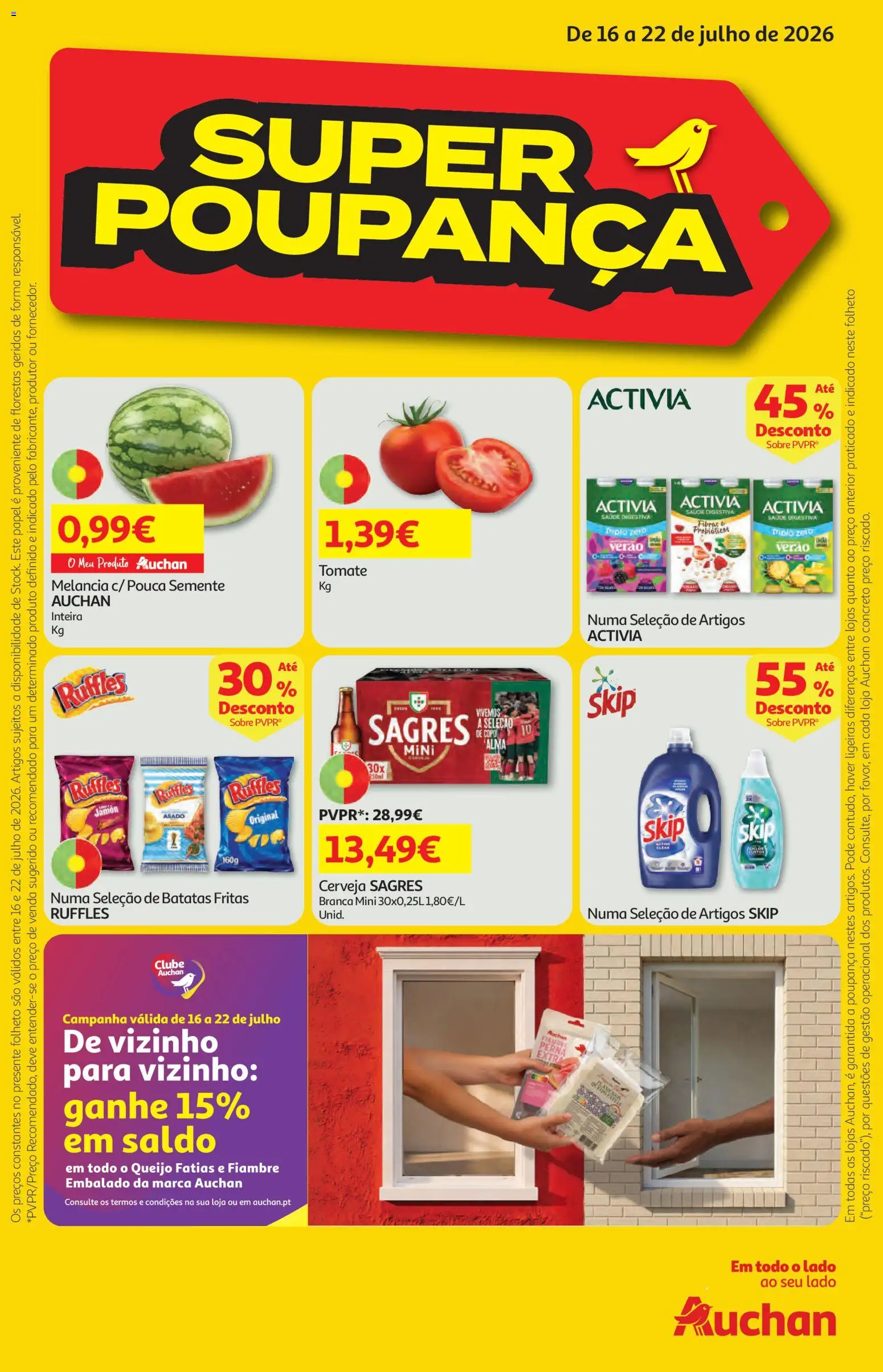 Pré-visualização do folheto da loja Auchan válida a partir de 16/07/2026 - Cerveja, Batatas, Queijo, Tomate, Melancia, Fiambre, Batatas fritas