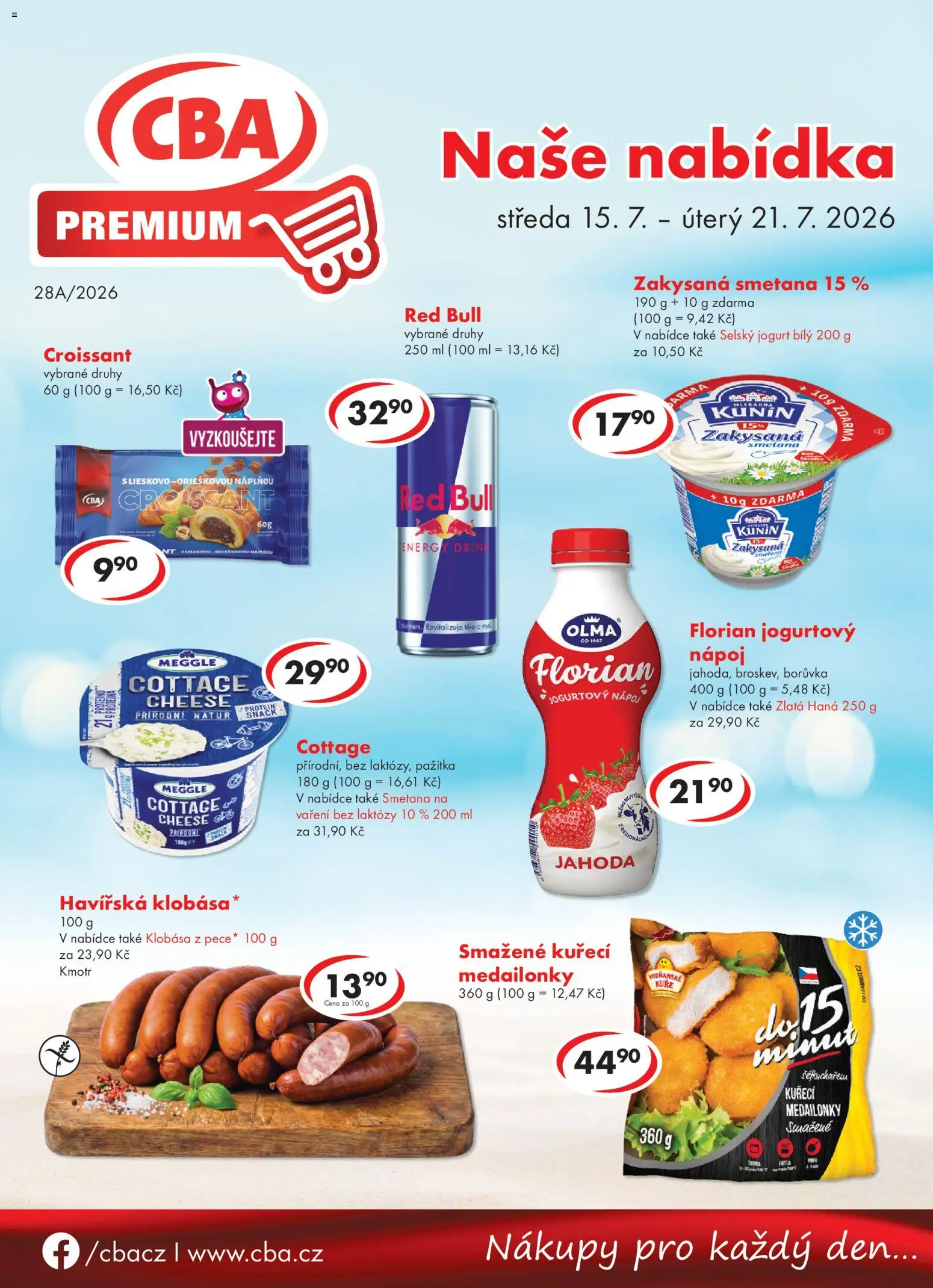 Náhled nabídky: CBA CBA leták - Premium platný od 15.07.2026 - Red Bull, Croissant, Smetana, Zakysaná smetana, Cottage, Jogurt, Kuře, Zlatá Hana
