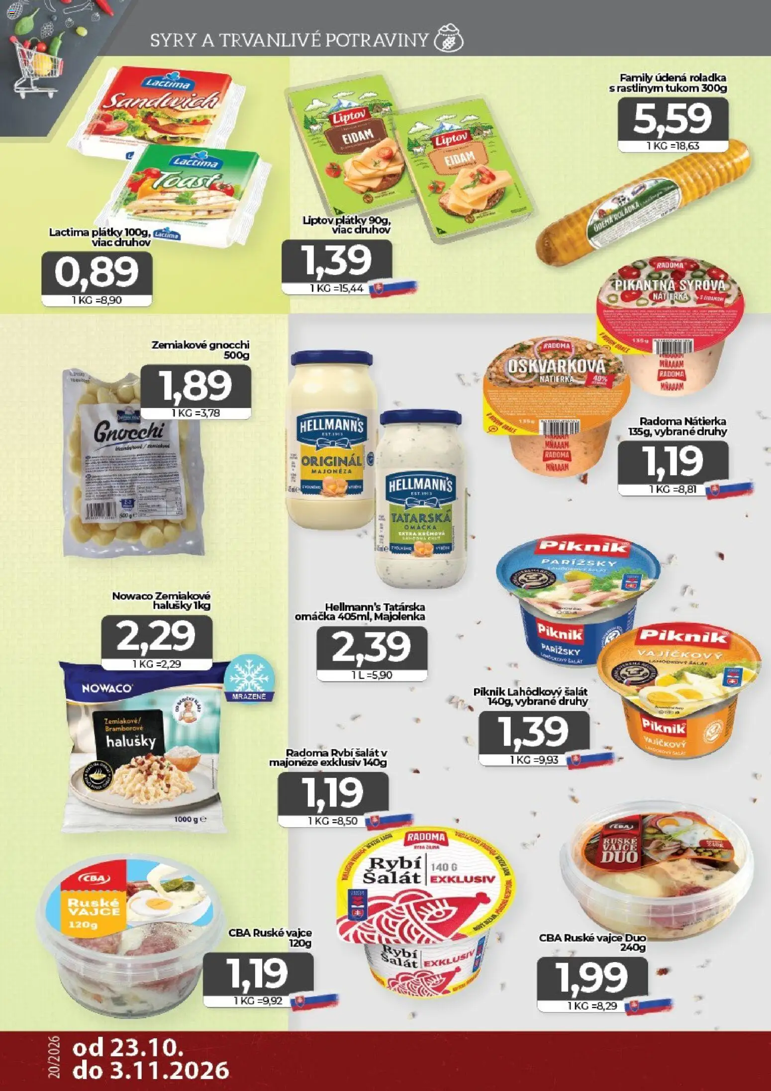 Náhľad CBA Komfos letáku platného od 23.10.2026 - Gnocchi, Šalát, Tatárska omáčka, Omáčka, Nátierka, Eidam, Majonéza