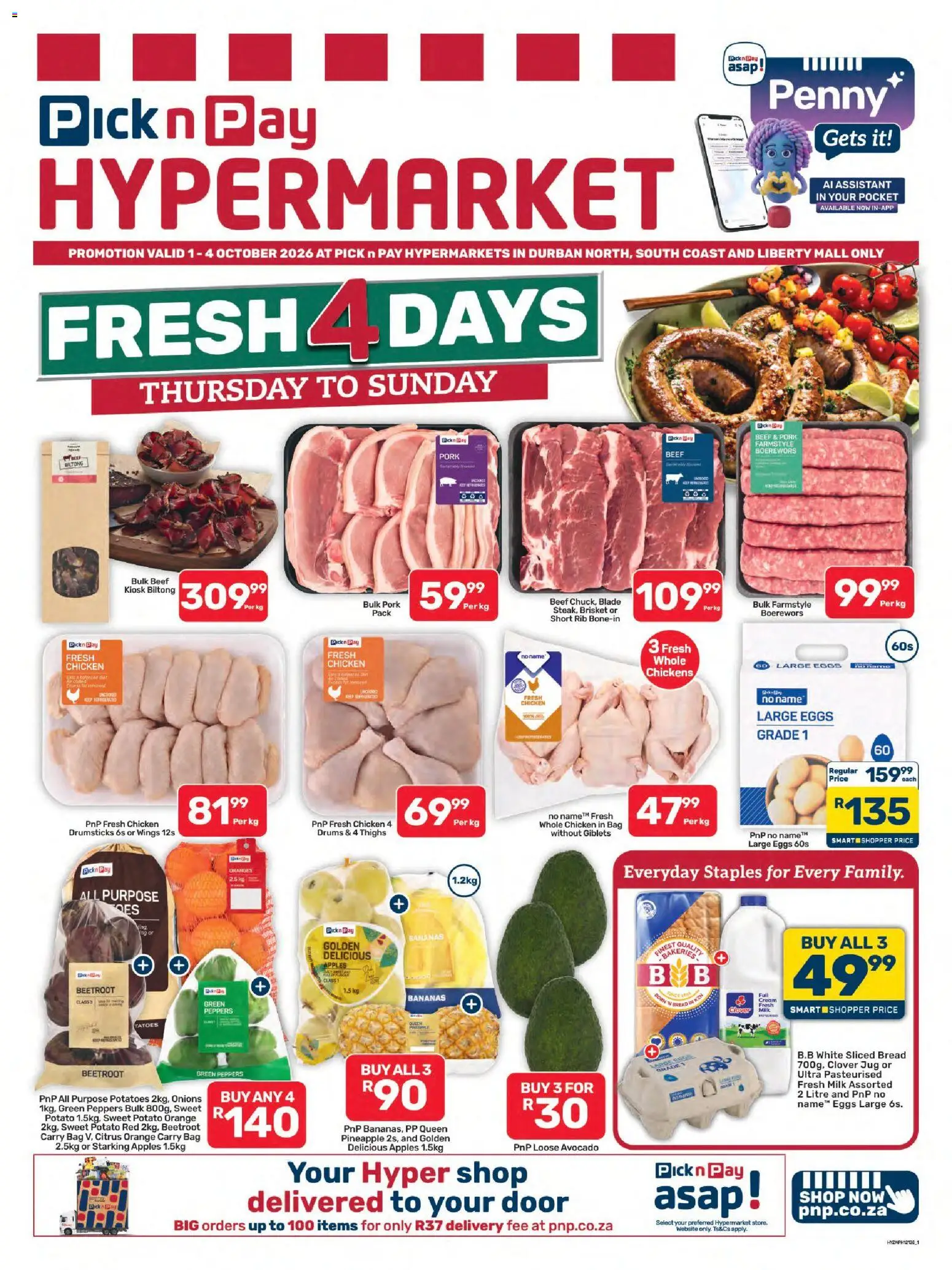 Preview of Pick n Pay flyer valid from 01/10/2026 - Apples, Chicken, Bag, Eggs, Avocado, Bread, Pineapple, Thighs
