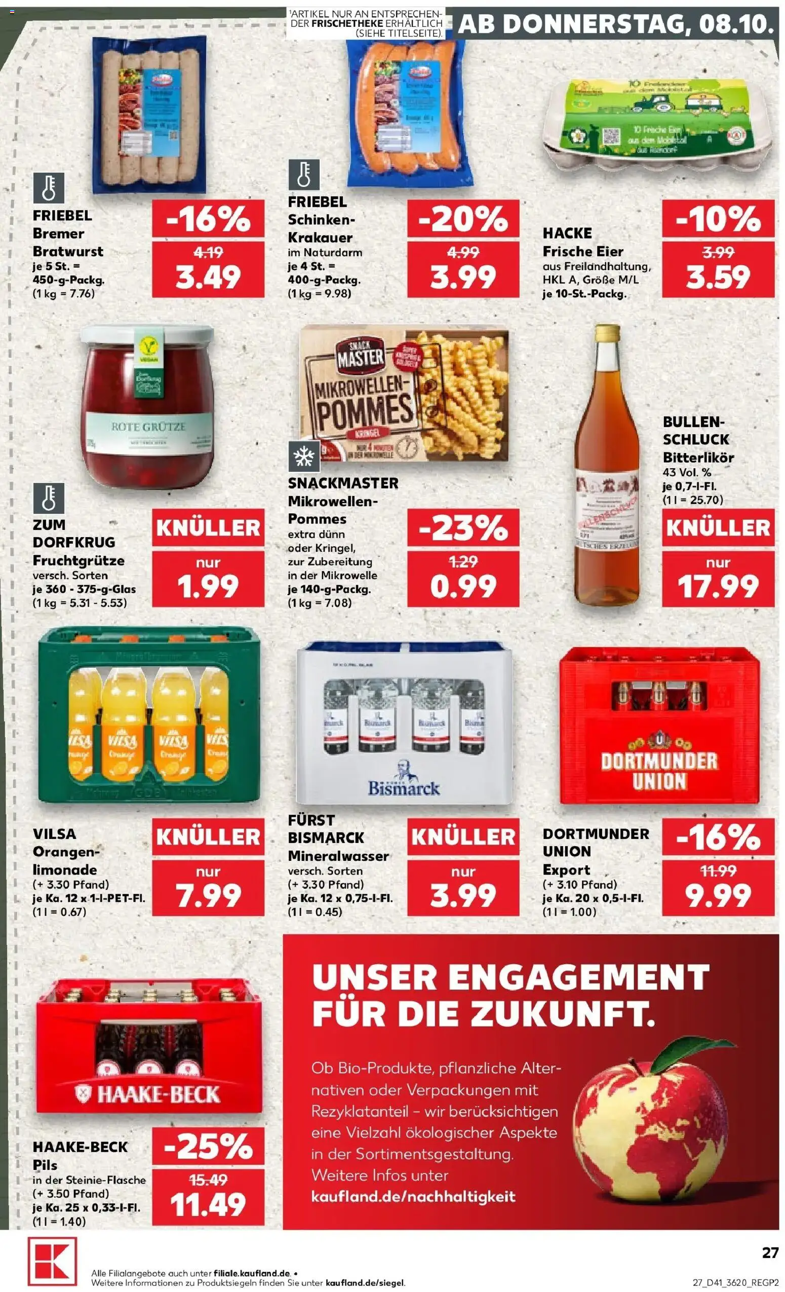 Vorschau von dem Prospekt des Geschäftes Kaufland, gültig ab dem 08.10.2026 - Mikrowelle, Pommes, Bratwurst, Mineralwasser, Eier, Schinken, Limonade, Pils