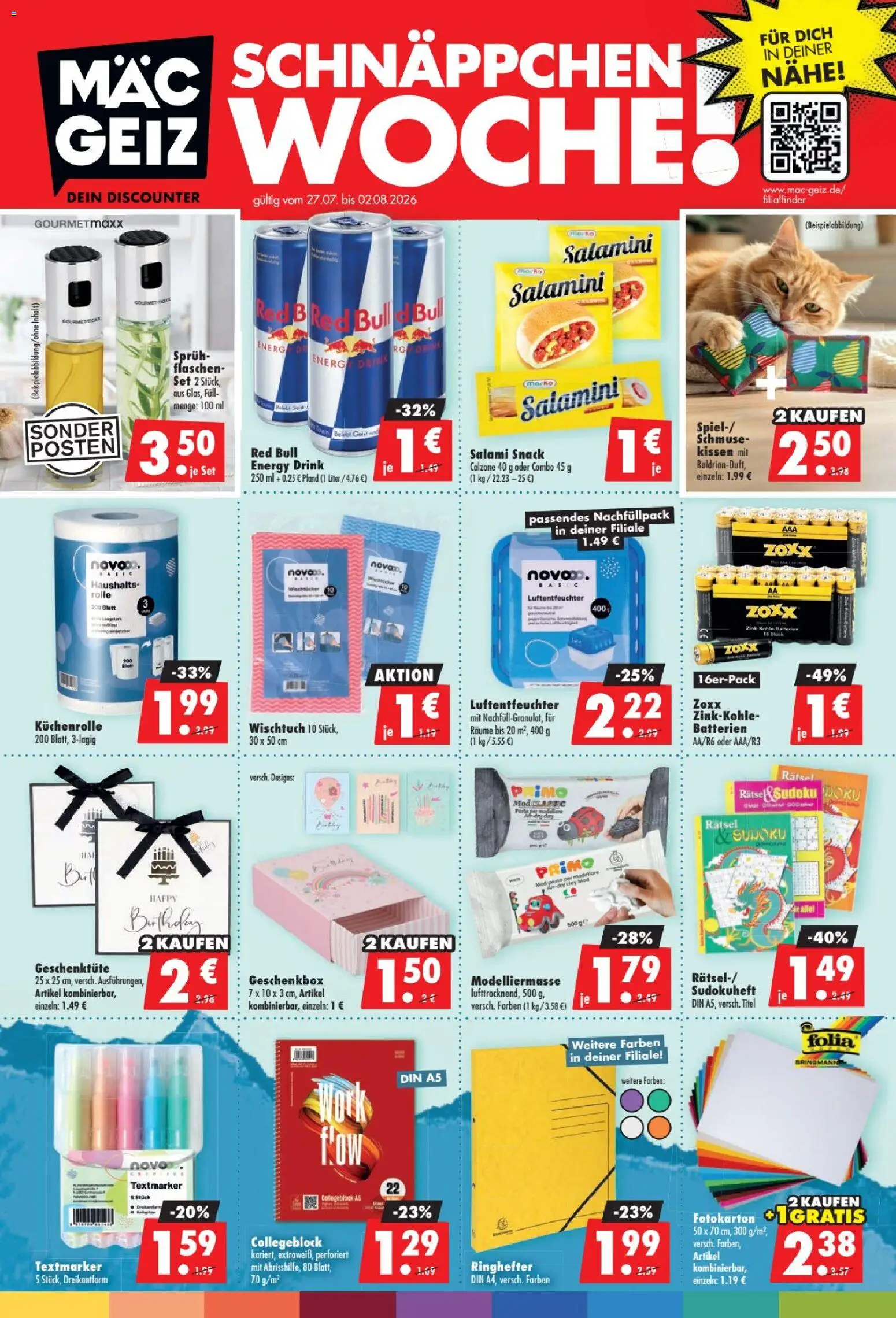 Vorschau von dem Prospekt des Geschäftes Mäc Geiz, gültig ab dem 27.07.2026 - Red bull, Batterien, Kissen, Energy, Salami, Küchenrolle
