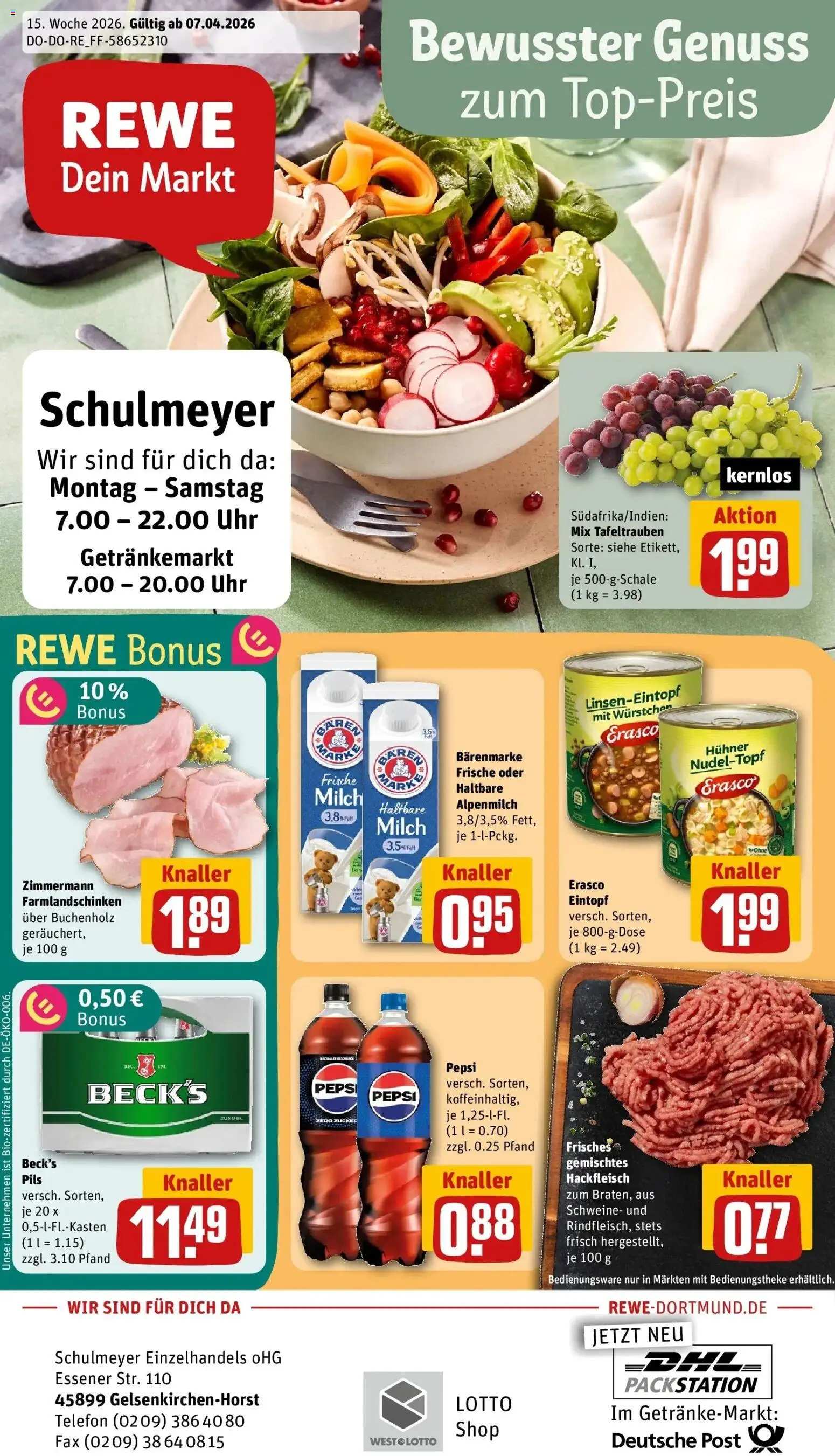 Vorschau von dem Prospekt des Geschäftes Rewe, gültig ab dem 05.04.2026 - Uhr, Telefon, Milch, Hackfleisch, Zucker, Pepsi, Pils, Erasco