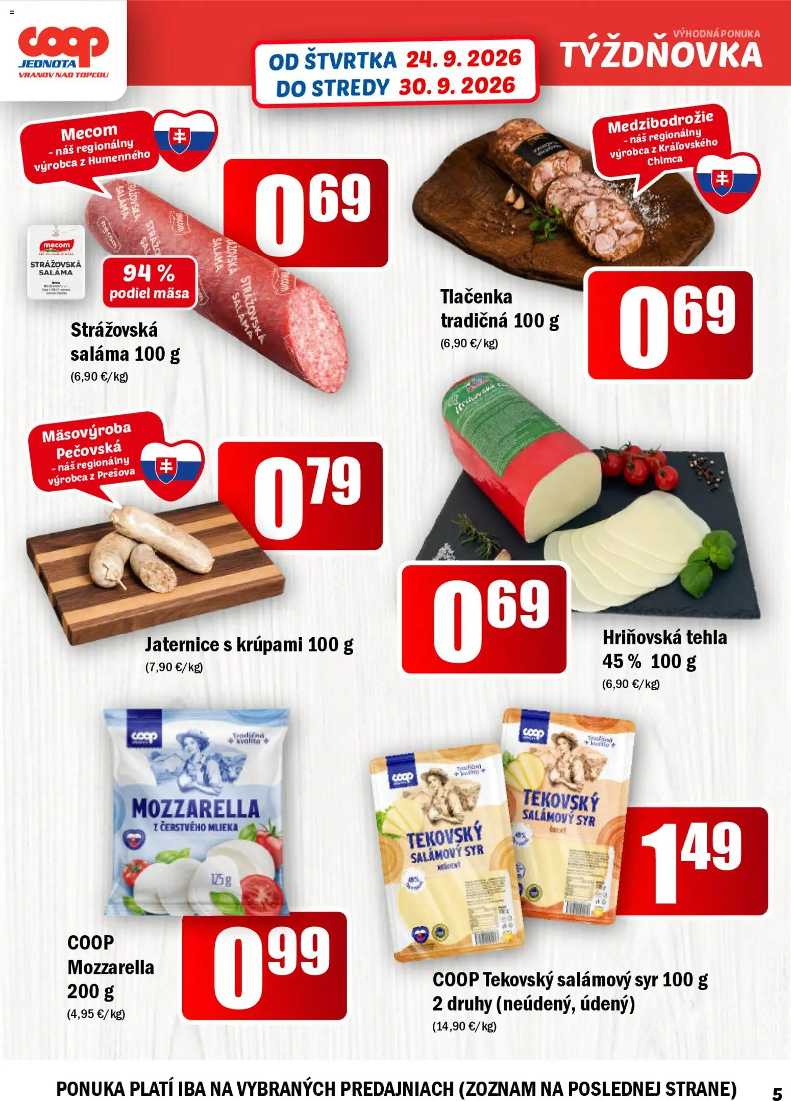 Náhľad COOP Jednota letáku platného od 24.09.2026 - Syr, Mozzarella, Šál, Tlačenka, Saláma