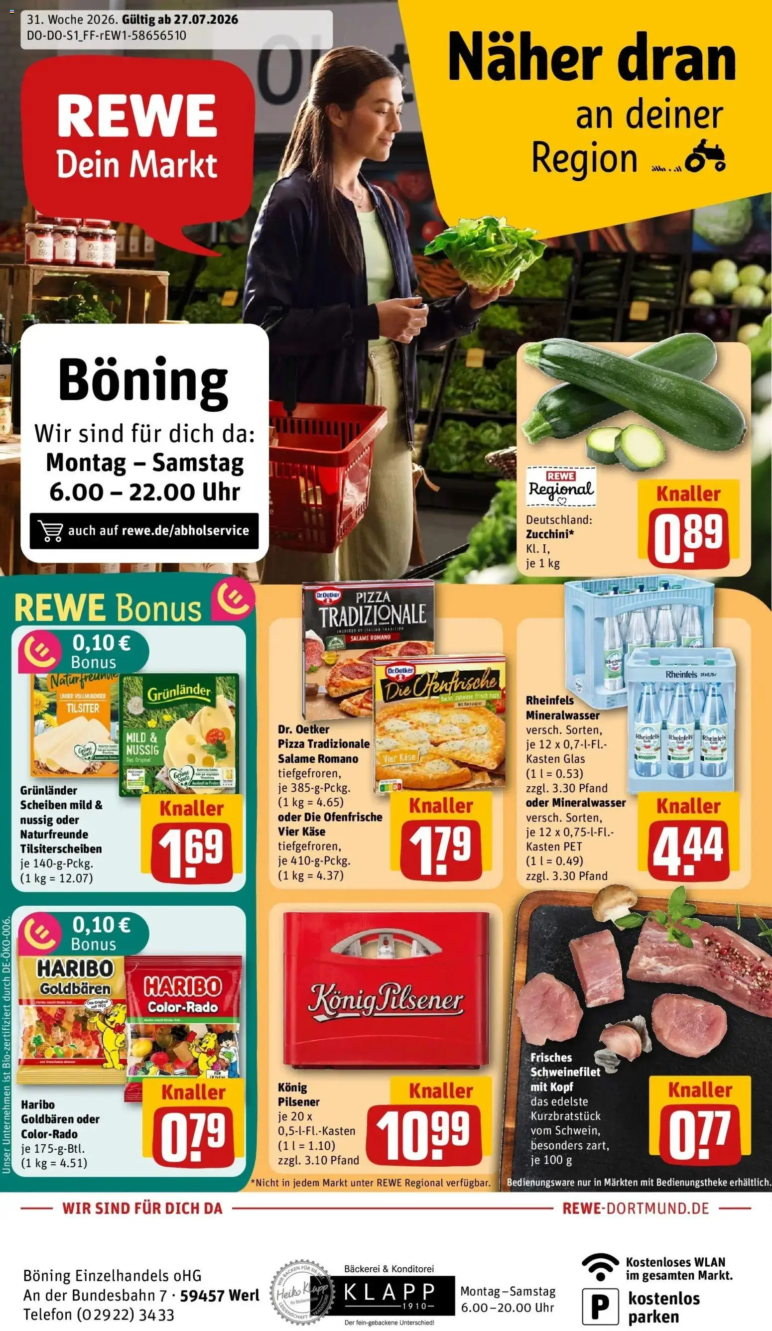 Vorschau von dem Prospekt des Geschäftes Rewe, gültig ab dem 27.07.2026 - Bäckerei, Uhr, Telefon, Käse, Haribo, Mineralwasser, Schweinefilet, Konig pilsener