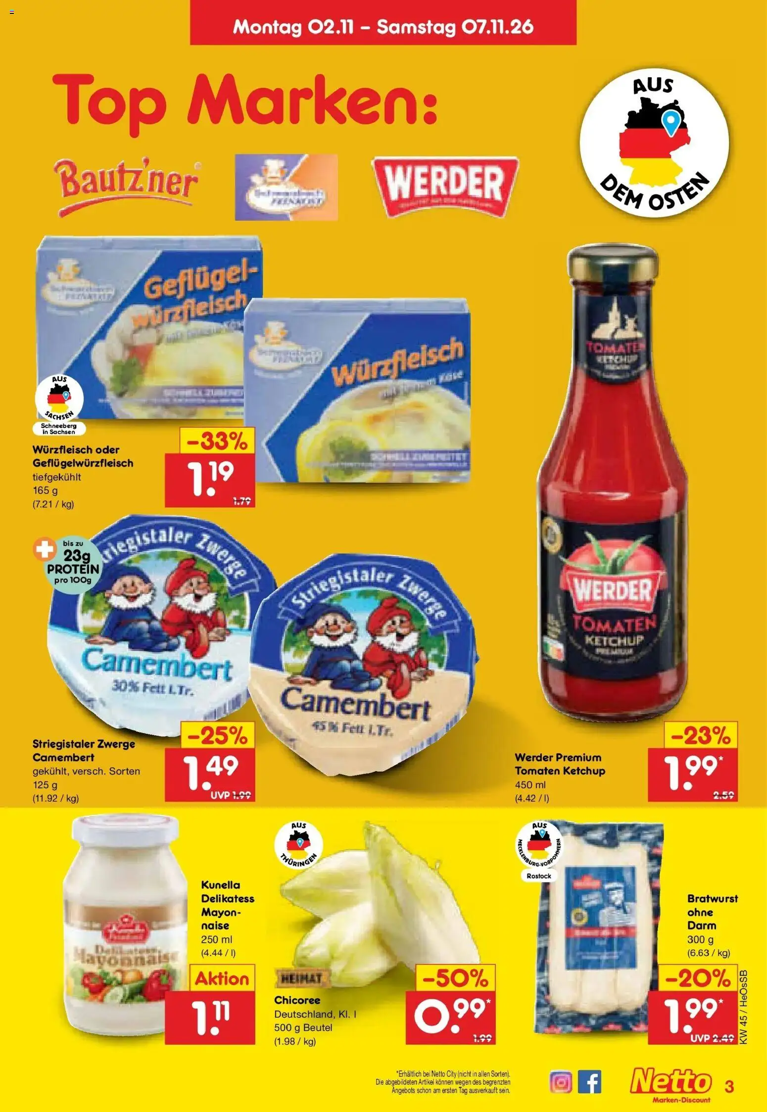 Vorschau von dem Prospekt des Geschäftes Netto Marken-Discount, gültig ab dem 02.11.2026 - Bratwurst, Top, Camembert, Tomaten, Ketchup