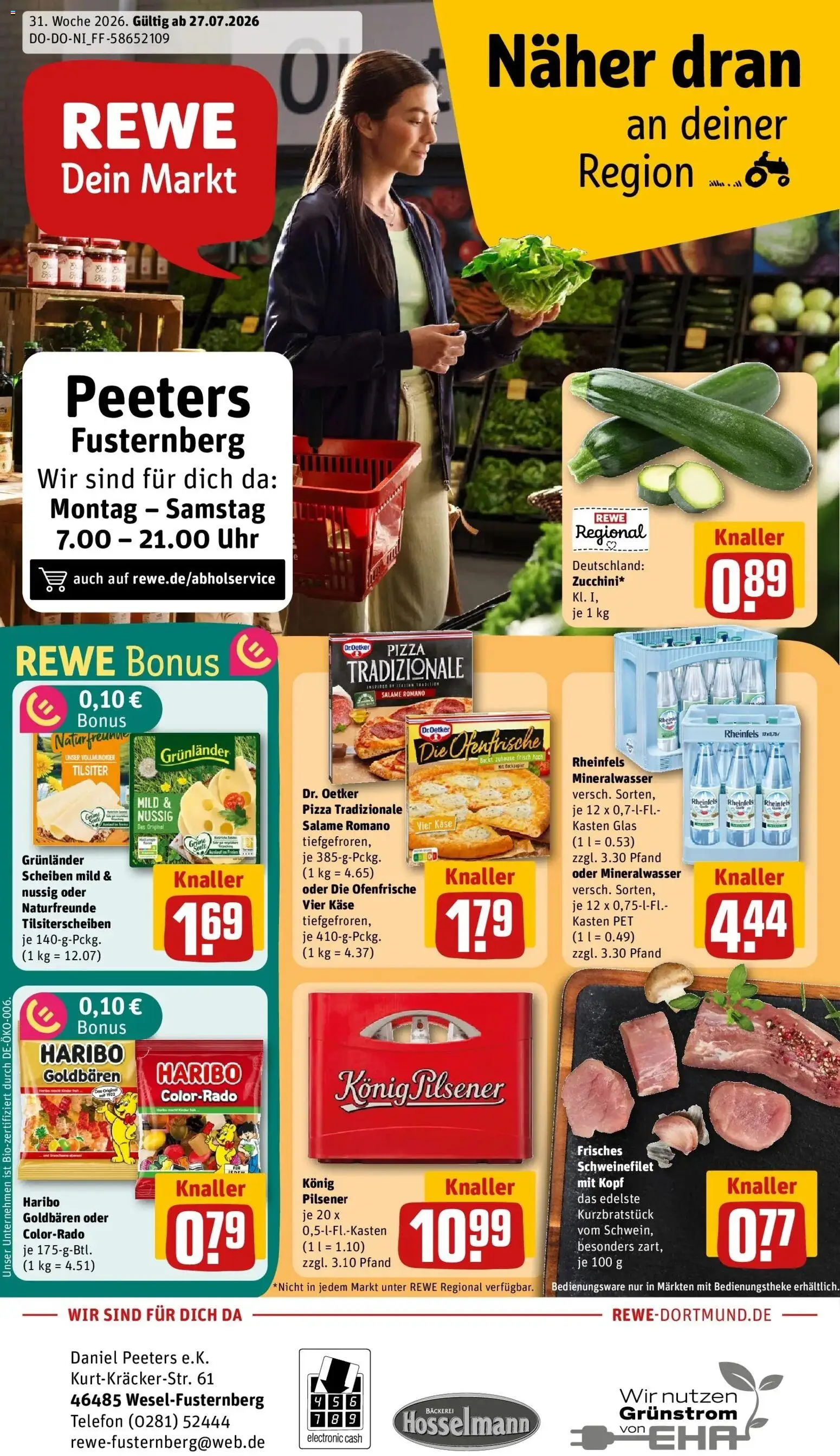 Vorschau von dem Prospekt des Geschäftes Rewe, gültig ab dem 27.07.2026 - Uhr, Telefon, Käse, Haribo, Mineralwasser, Schweinefilet, Ofenfrische, Grunlander