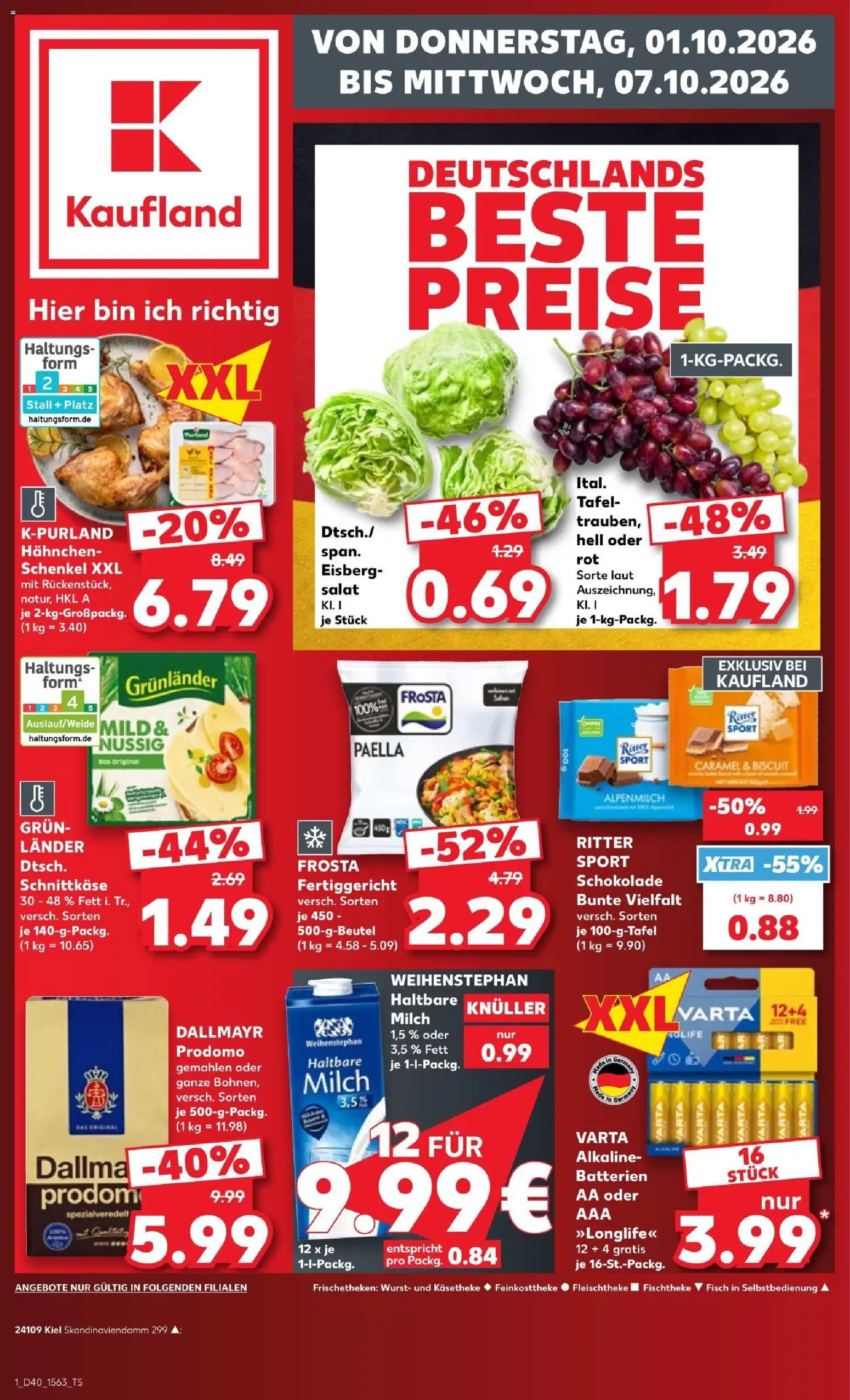 Vorschau von dem Prospekt des Geschäftes Kaufland, gültig ab dem 01.10.2026 - Wurst, Batterien, Salat, Milch, Dallmayr, Frosta, Hahnchen, Grunlander