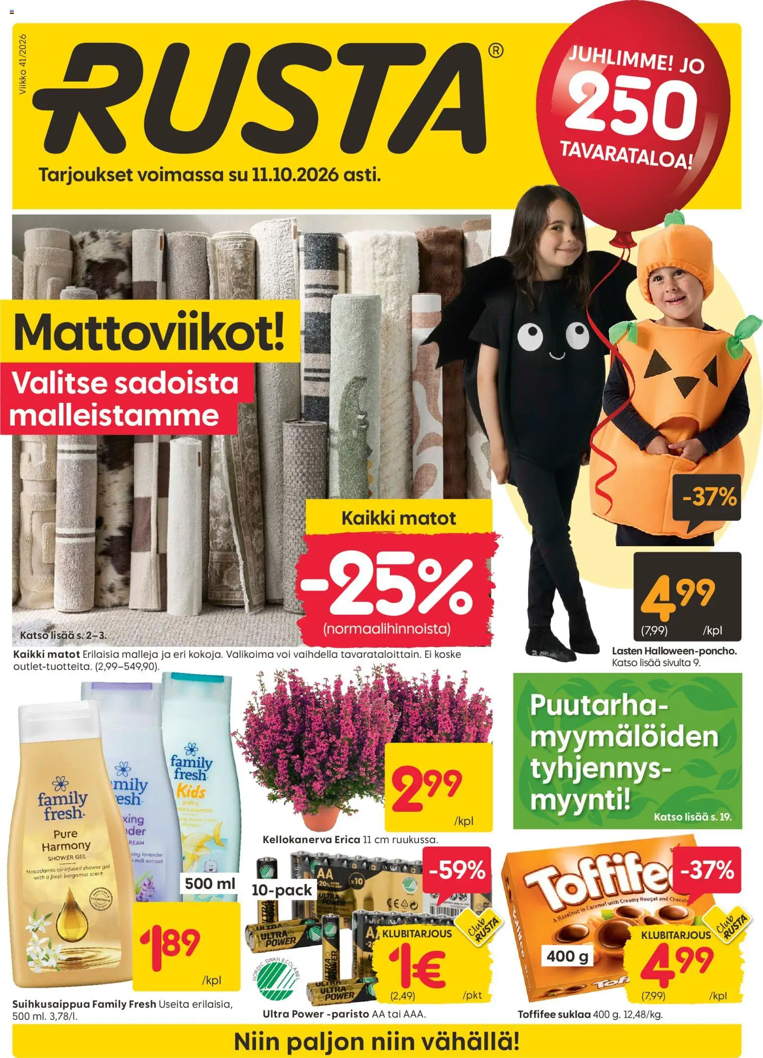 Kaupan Rusta Rusta tarjoukset esikatselu, voimassa 05/10/2026 - Suklaa, Matot, Voi, Shampoo, Poncho