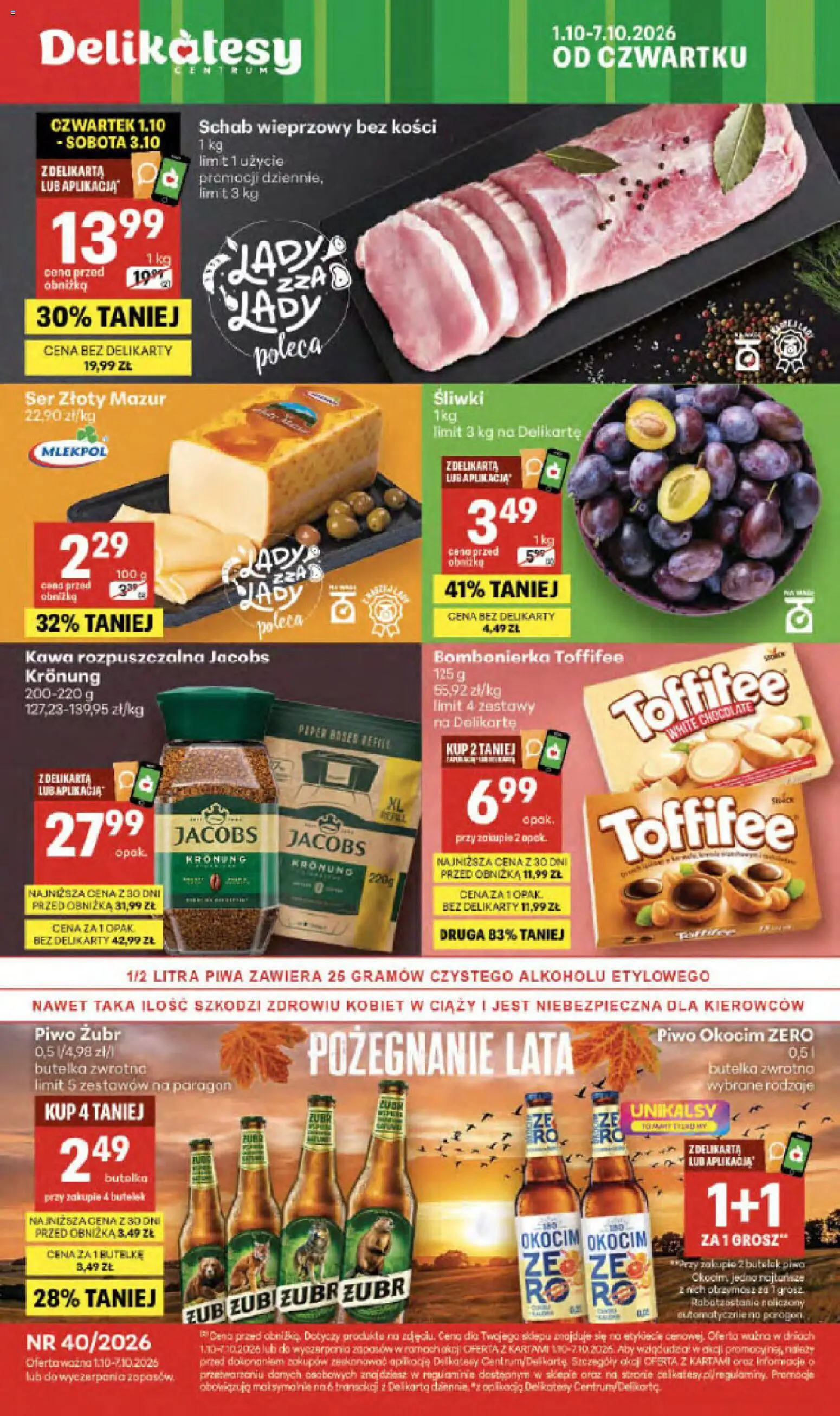 Pogląd gazetki "Delikatesy Centrum gazetka" ze sklepu Delikatesy Centrum ważnej od 01.10.2026 - Kawa, Delikatesy, Piwo, Kawa rozpuszczalna, Bombonierka, Śliwki, Schab wieprzowy, Schab wieprzowy bez kości