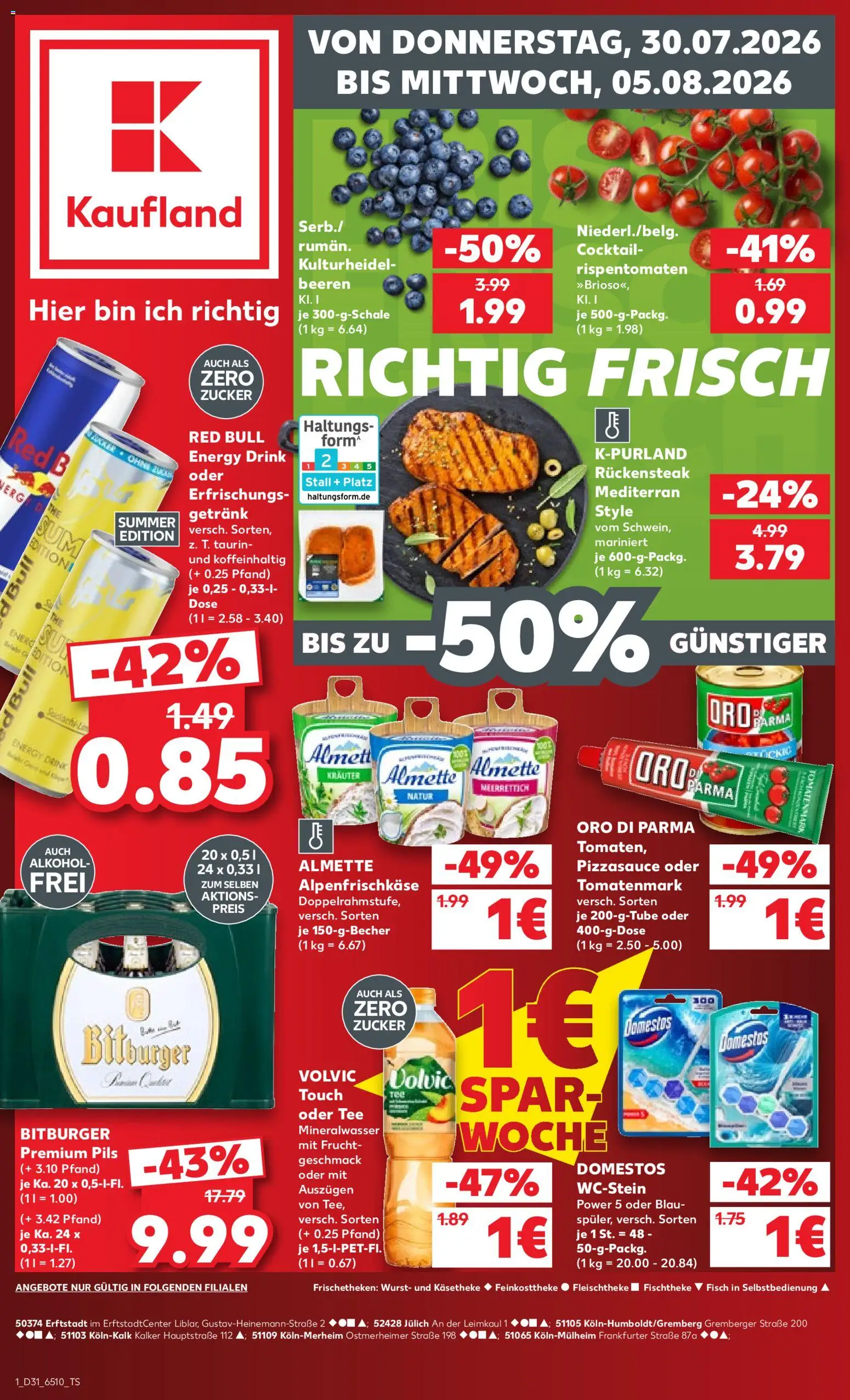 Vorschau von dem Prospekt des Geschäftes Kaufland, gültig ab dem 30.07.2026 - Red bull, Wurst, Mineralwasser, Zucker, Energy, Bitburger, Pils, Almette