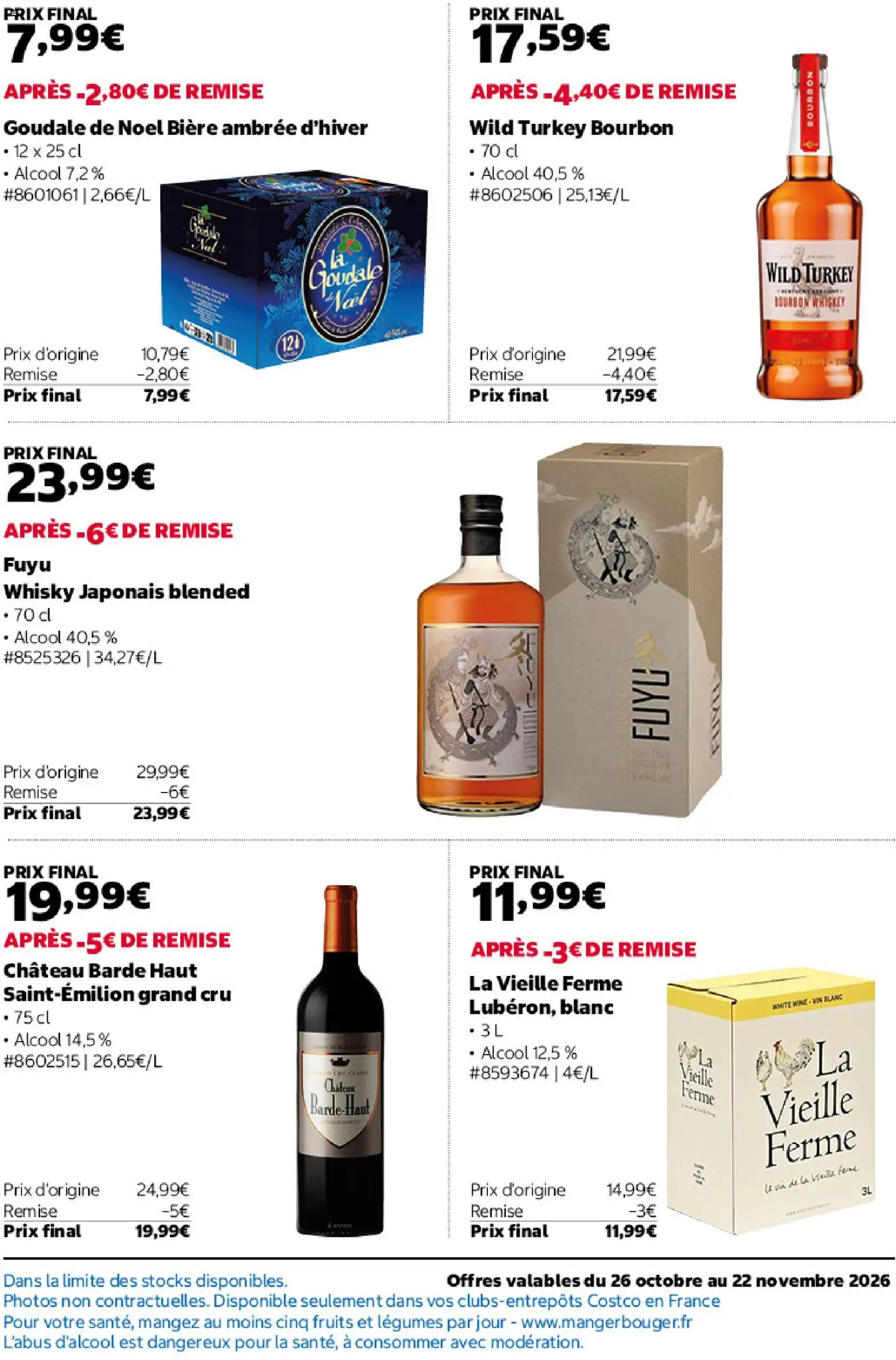 Prévisualisation de Costco catalogue du magasin Costco formulaire valide 26/10/2026 - Fruits, Vin, Whisky japonais, Bourbon, Vin blanc, Goudale, Bière ambrée, Alcool
