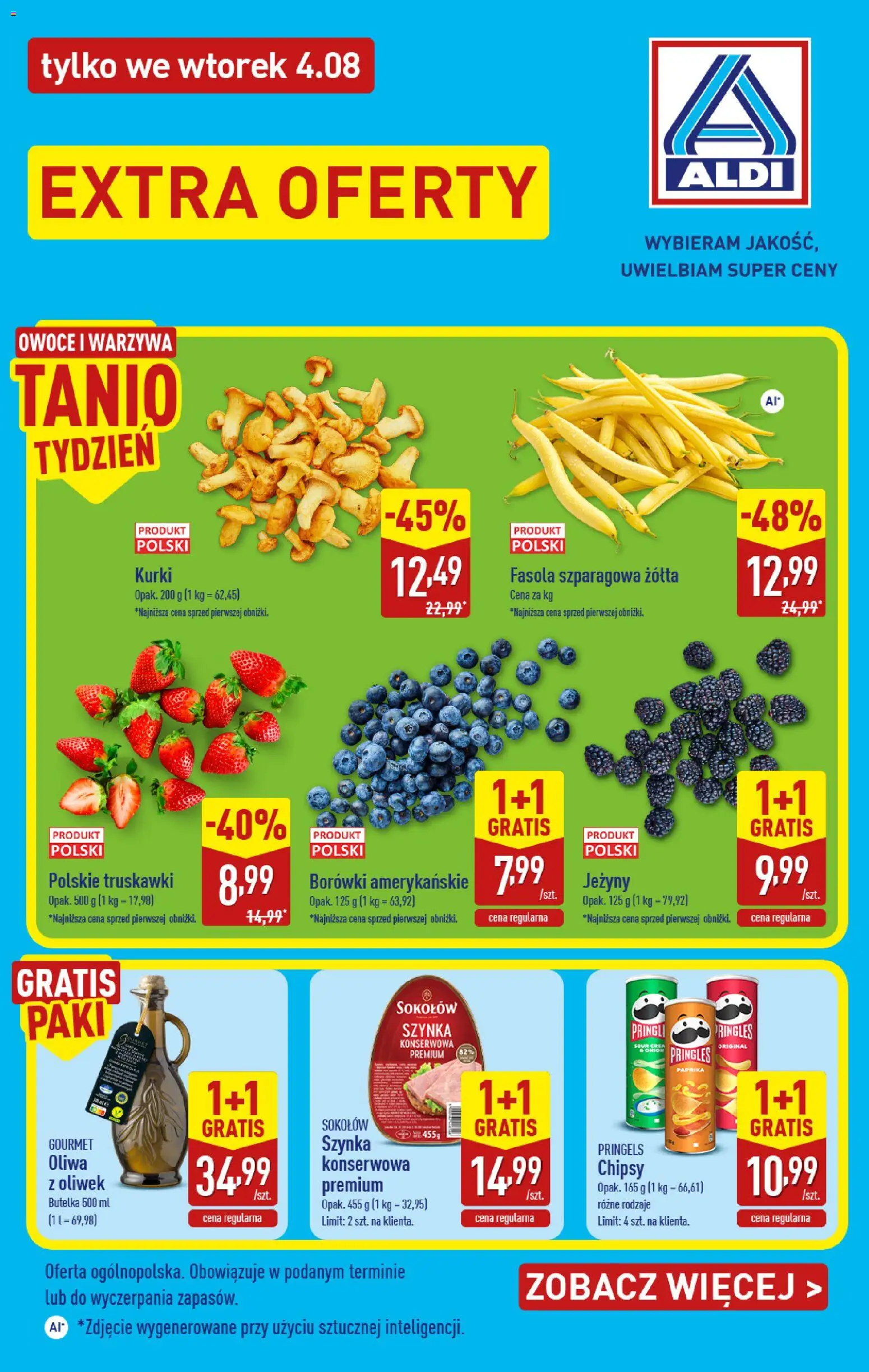 Pogląd gazetki "Aldi gazetka - Extra oferta" ze sklepu Aldi ważnej od 04.08.2026 - Truskawki, Owoce, Borówki, Chipsy, Pringles, Kurki, Szynka, Jeżyny