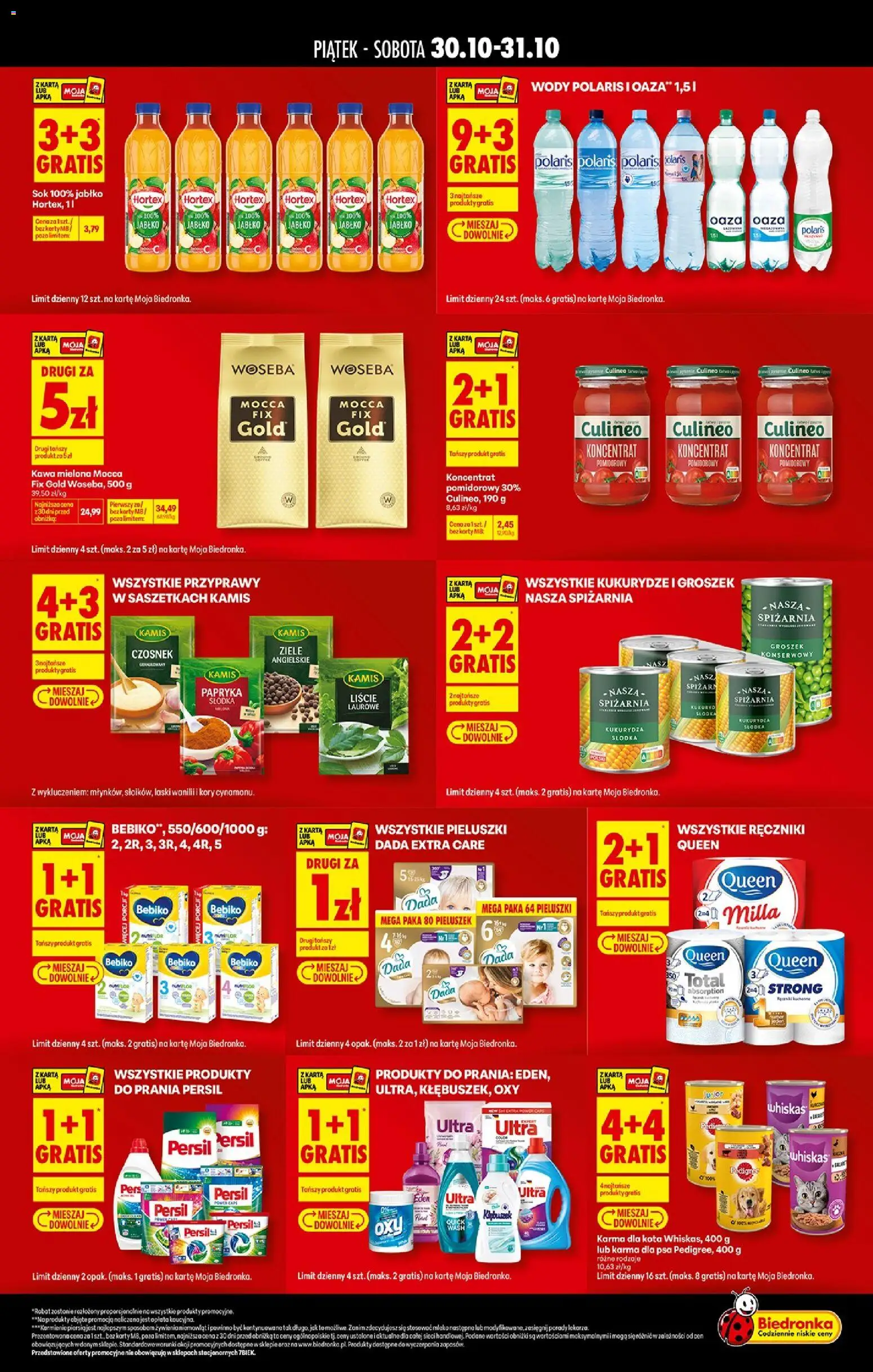 Pogląd gazetki "Biedronka gazetka - Tani weekend" ze sklepu Biedronka ważnej od 30.10.2026 - Mleko, Karma dla psa, Przyprawy, Oaza, Whiskas, Pedigree, Sok jabłkowy, Kukurydza słodka