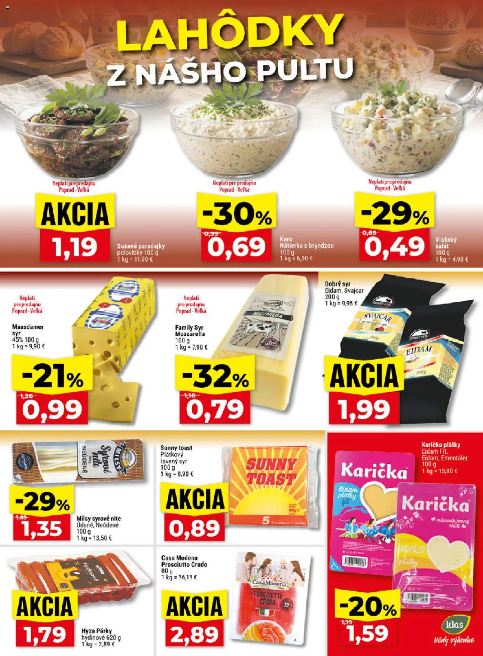 Náhľad Klas letáku platného od 19.10.2026 - Šalát, Paradajky, Prosciutto, Párky, Sušené paradajky, Nátierka, Prosciutto crudo, Tavený syr