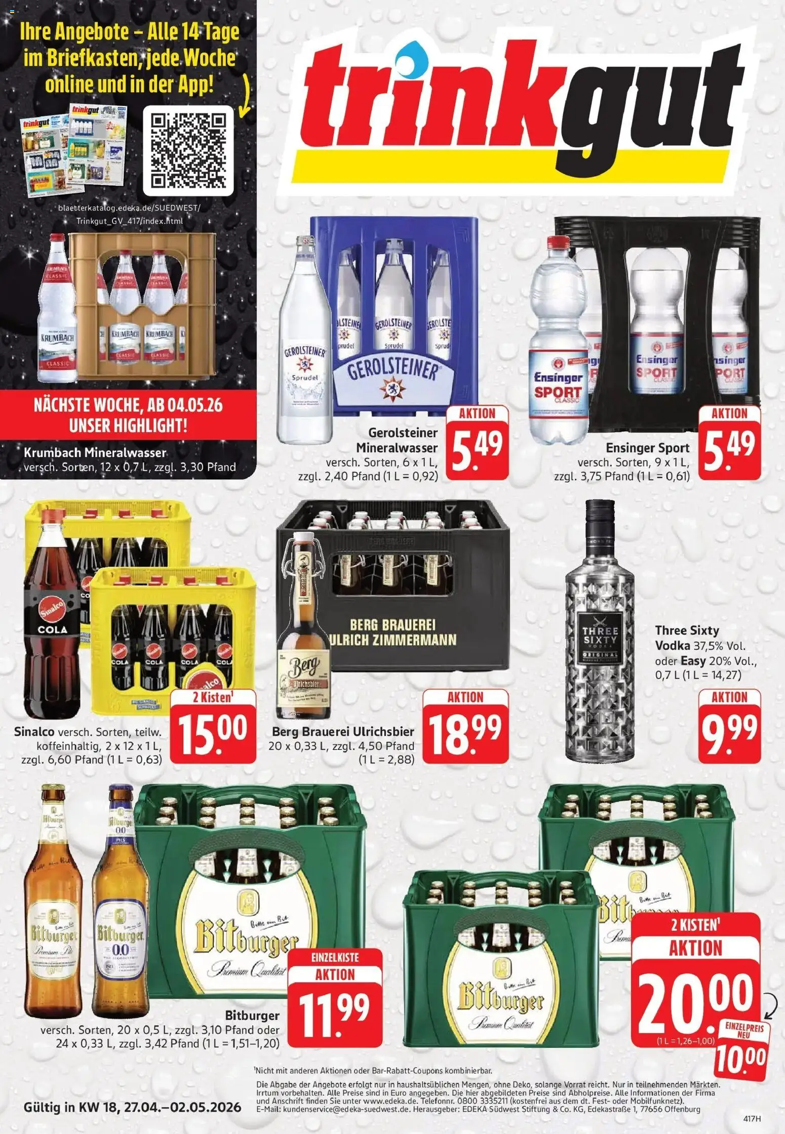 Vorschau von dem Prospekt des Geschäftes Trinkgut, gültig ab dem 27.04.2026 - Cola, Mineralwasser, Gerolsteiner, Vodka, Bitburger, Sinalco