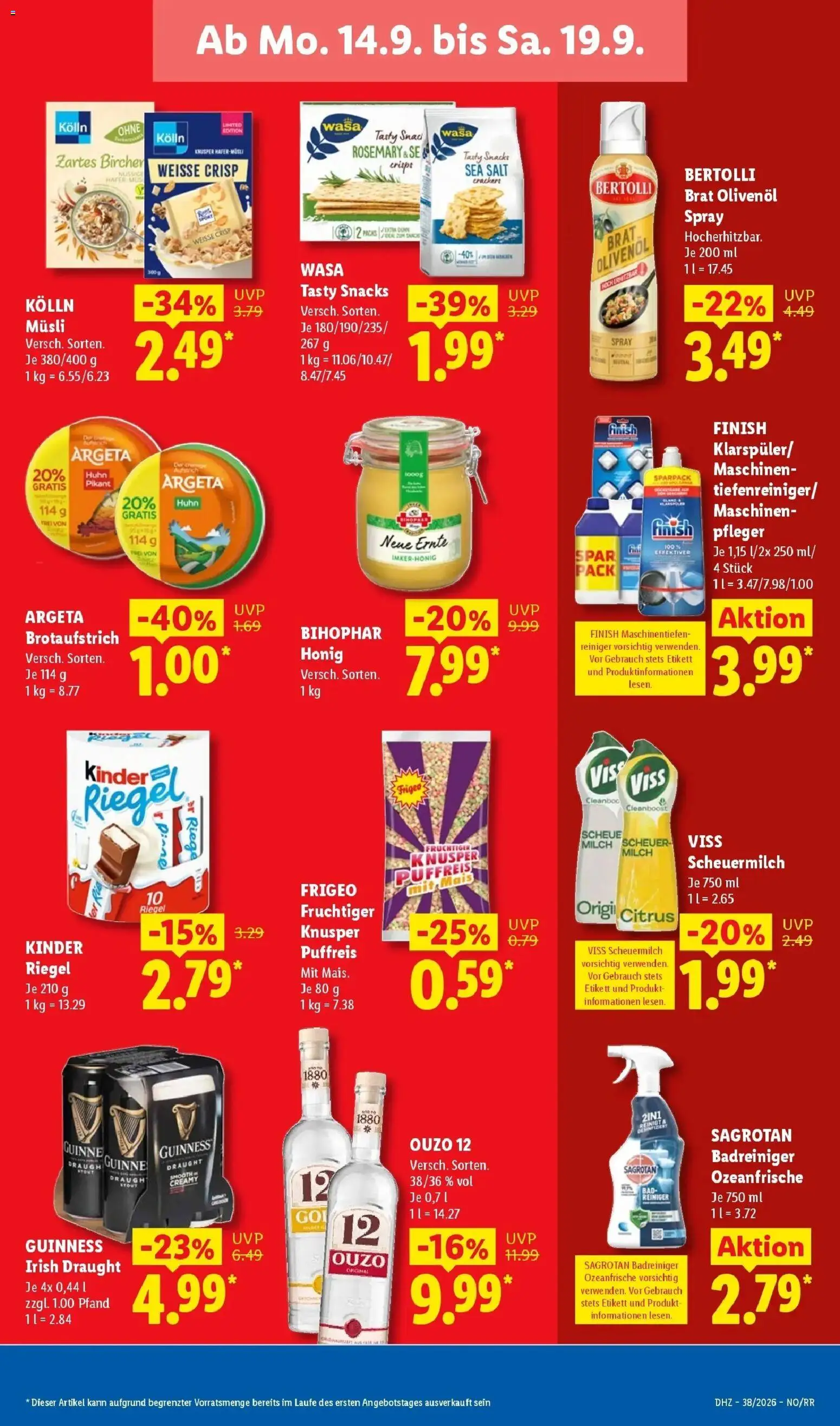 Vorschau von dem Prospekt des Geschäftes Lidl, gültig ab dem 14.09.2026 - Bad, Milch, Mais, Finish, Ouzo 12, Kolln, Musli, Kinder riegel