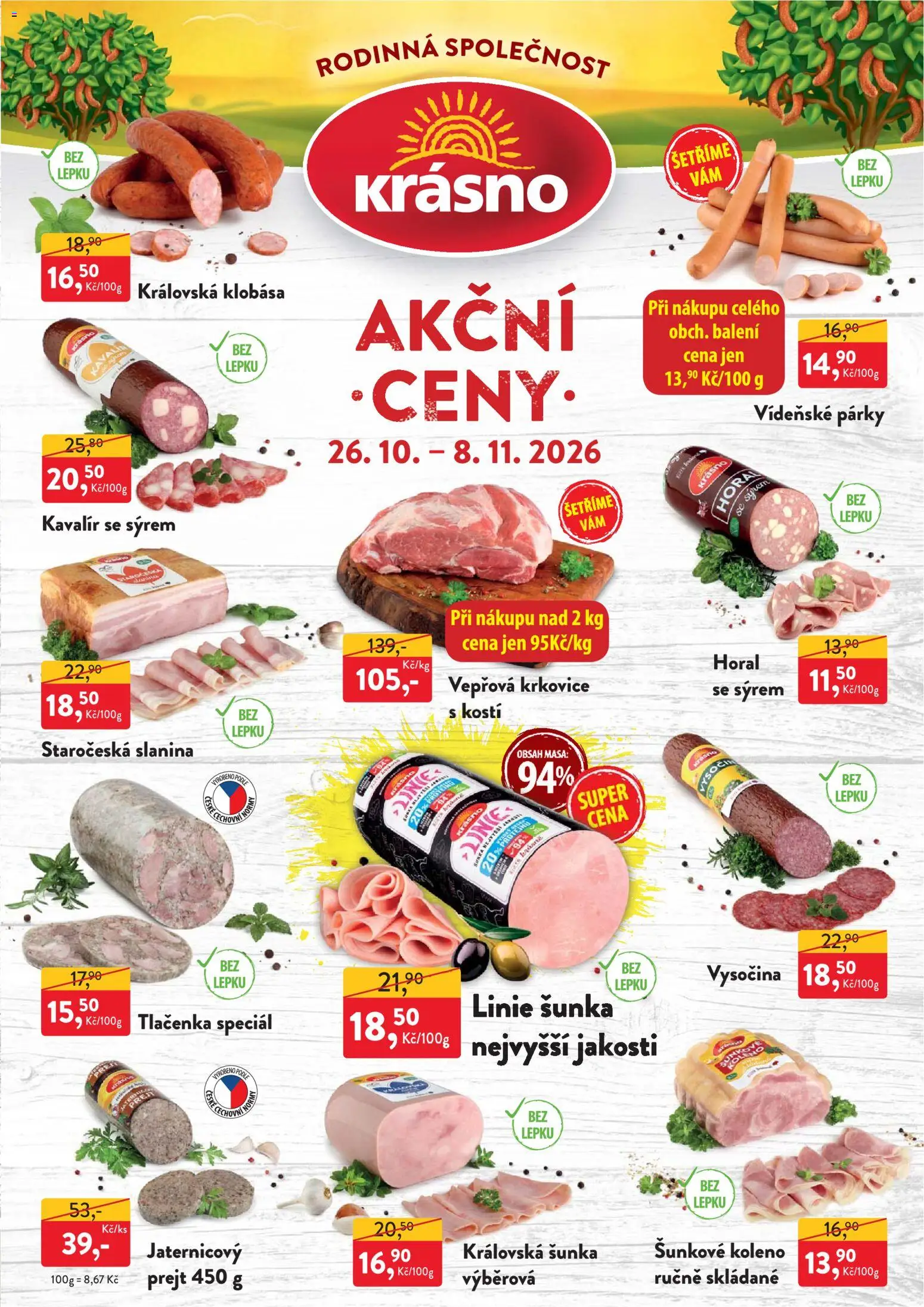 Náhled nabídky: MP Krásno MP Krásno leták platný od 26.10.2026 - Vysočina, Šunka, Krkovice, Koleno, Tlačenka, Párky, Slanina, Vepřová krkovice