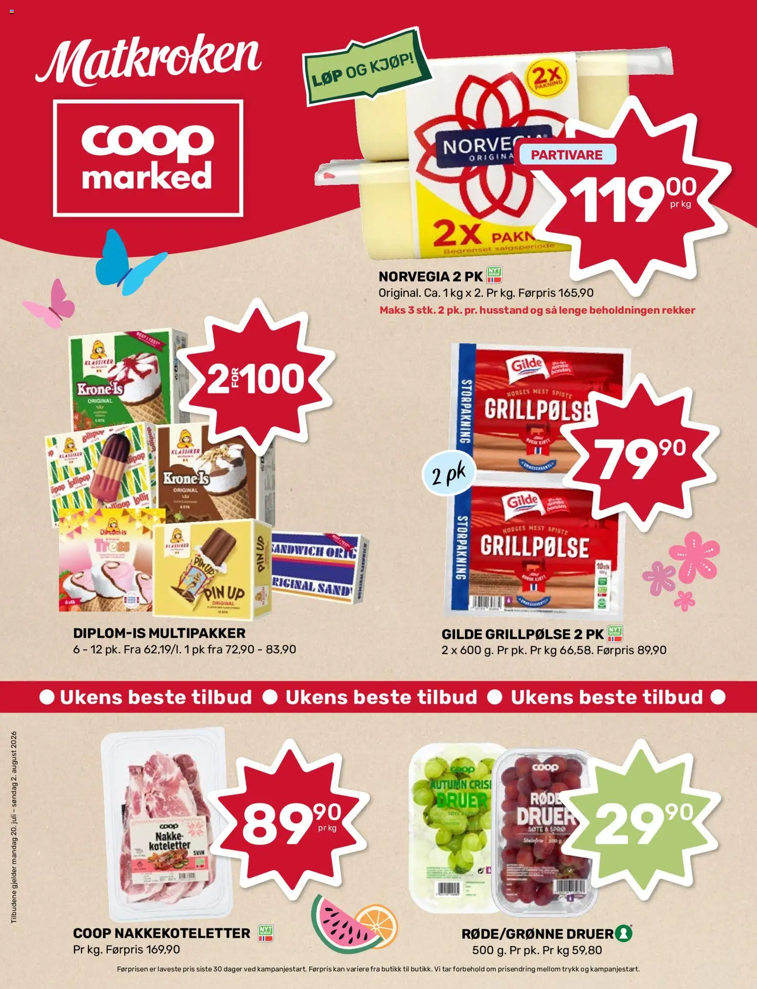 Forhåndsvis Coop Marked kundeavis fra butikk Coop Marked gyldig fra 20/07/2026 - Koteletter, Svin, Nakkekoteletter, Druer, Ved, Is, 1, Sandwich