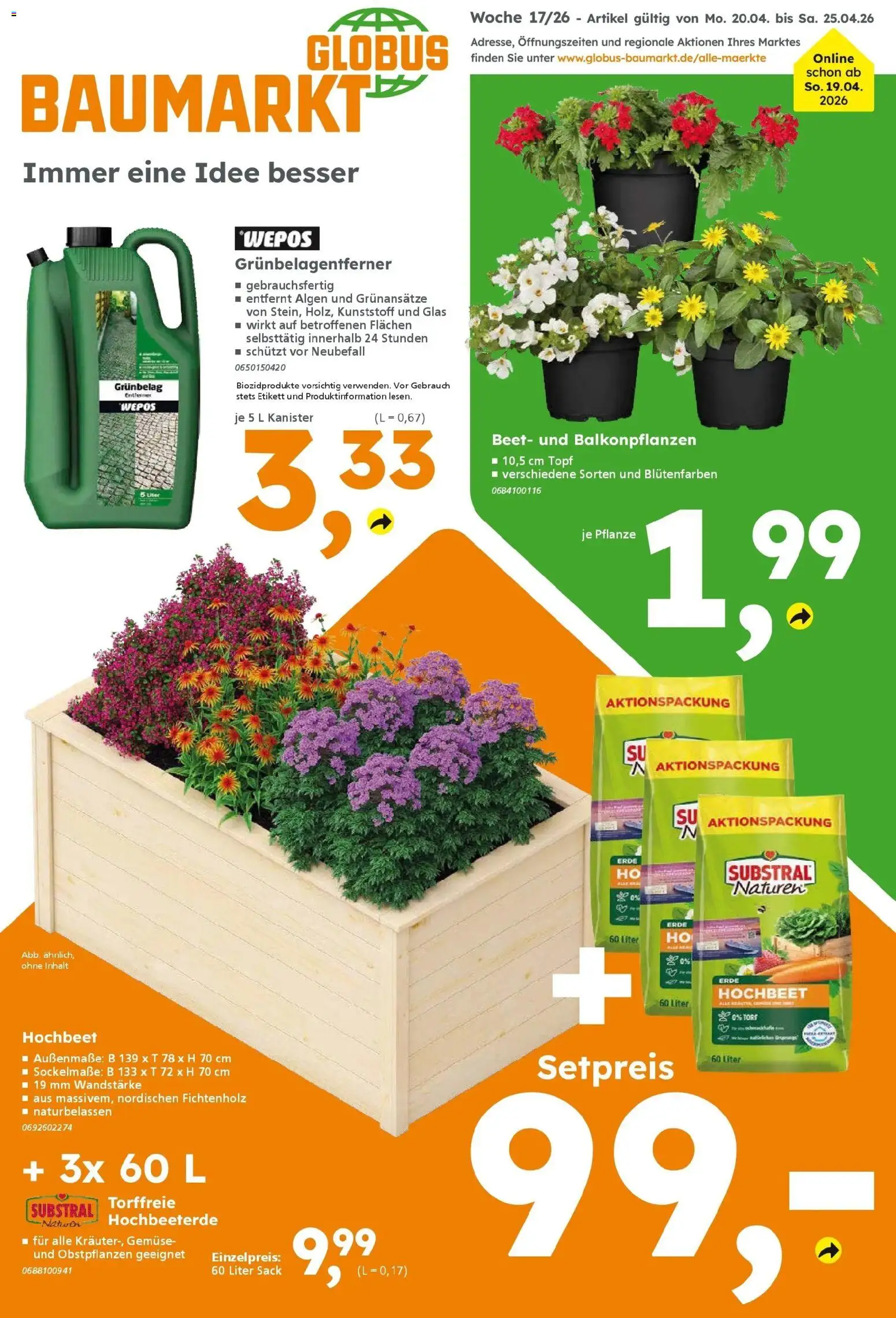 Vorschau von dem Prospekt des Geschäftes Globus Baumarkt, gültig ab dem 20.04.2026 - Hochbeet, Gemüse, Torf