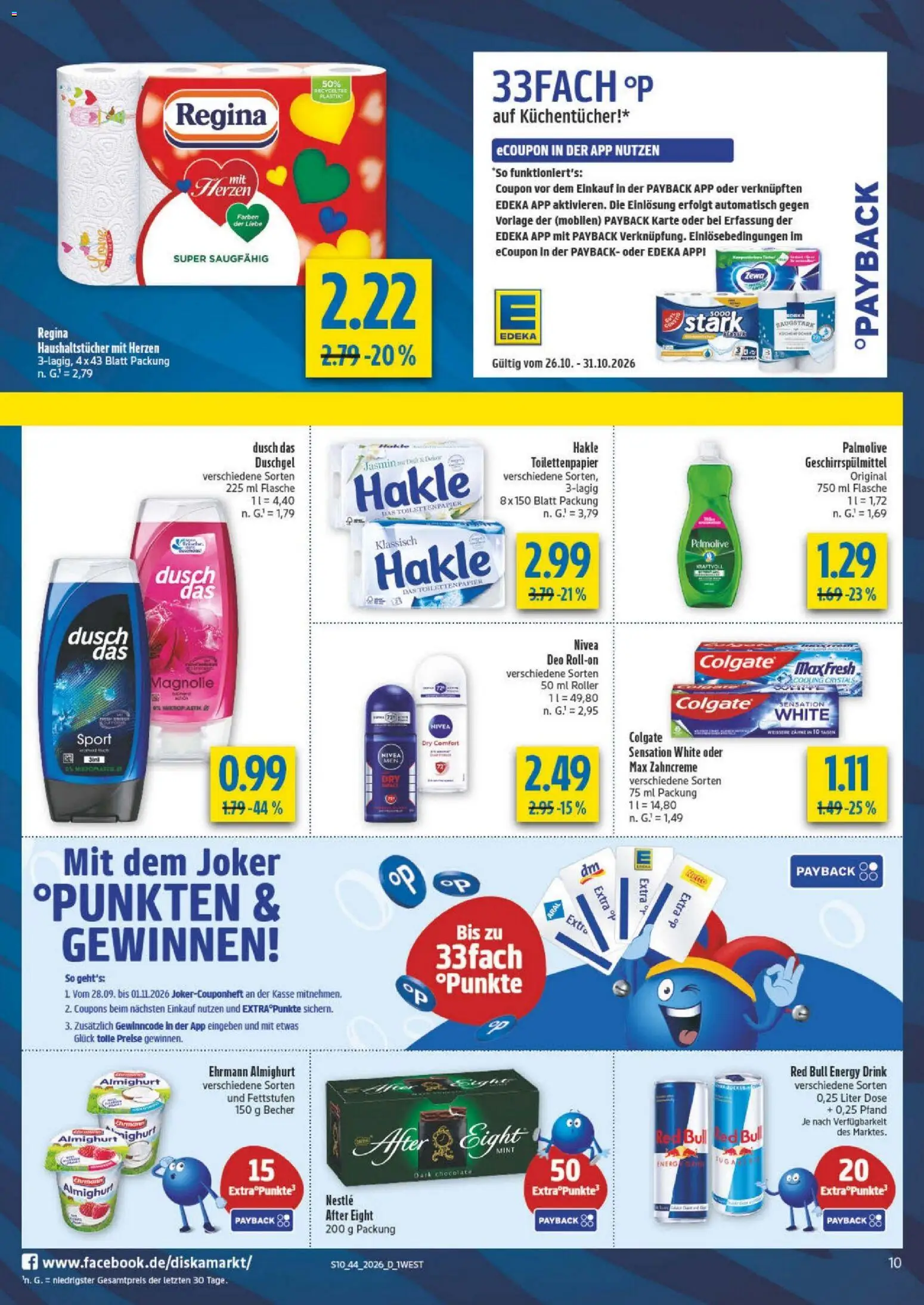 Vorschau von dem Prospekt des Geschäftes Diska, gültig ab dem 26.10.2026 - Red bull, Toilettenpapier, Energy, Duschgel, Zewa, Geschirrspülmittel, Ehrmann almighurt