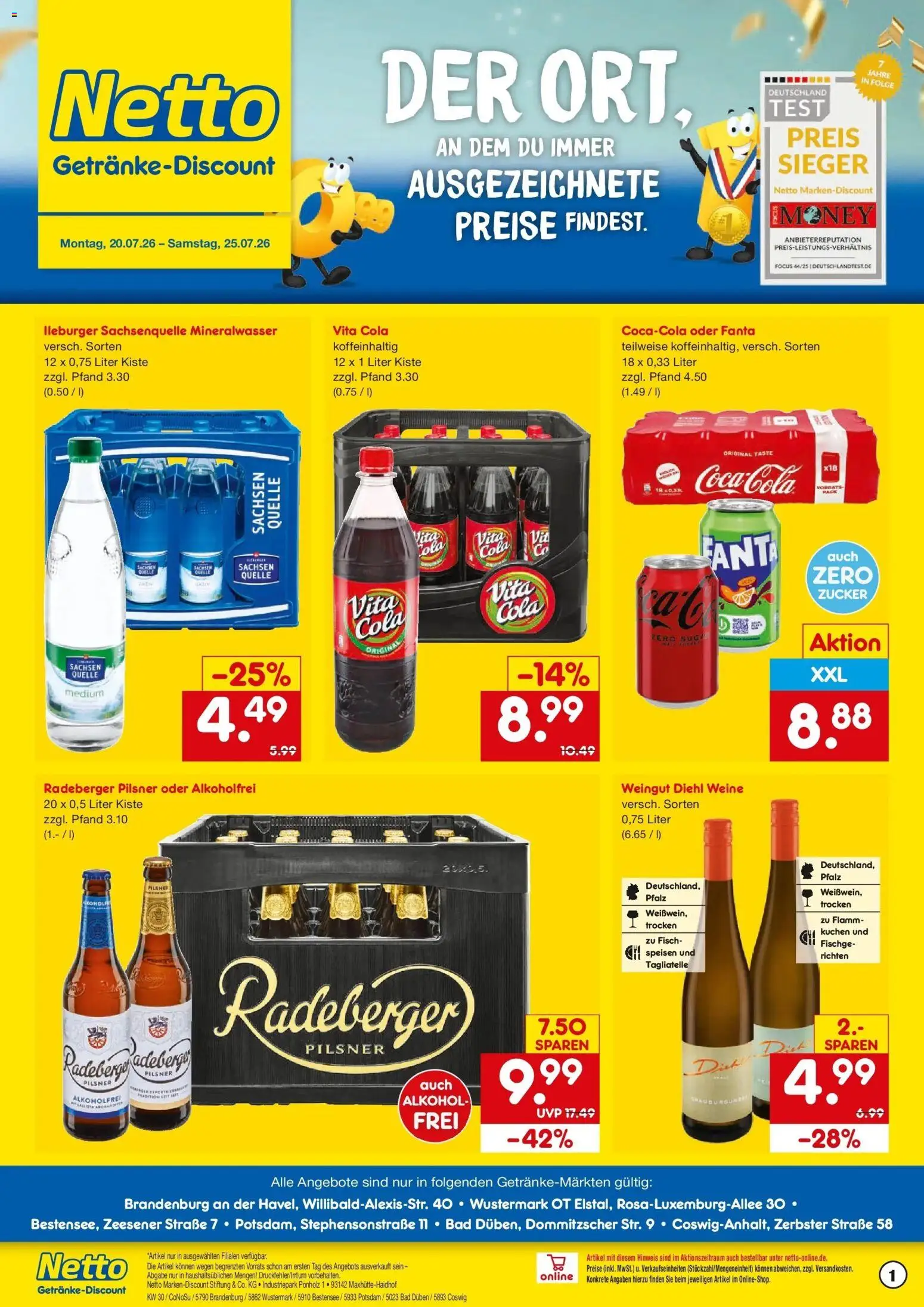 Vorschau von dem Prospekt des Geschäftes Netto Marken-Discount, gültig ab dem 20.07.2026 - Kuchen, Fisch, Bad, Cola, Mineralwasser, Fanta, Vita cola, Radeberger pilsner