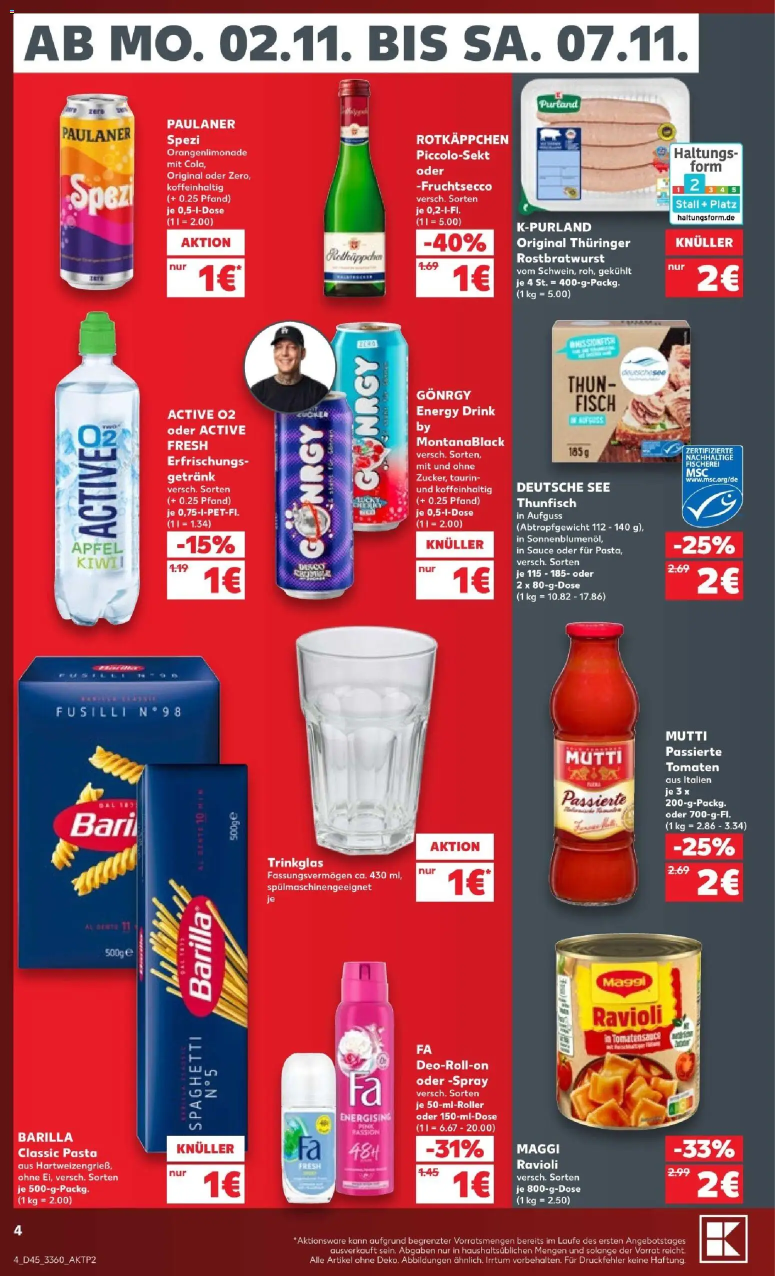 Vorschau von dem Prospekt des Geschäftes Kaufland, gültig ab dem 02.11.2026 - Pasta, Äpfel, Fisch, Spaghetti, Paulaner spezi, Energy, Tomaten, Fruchtsecco