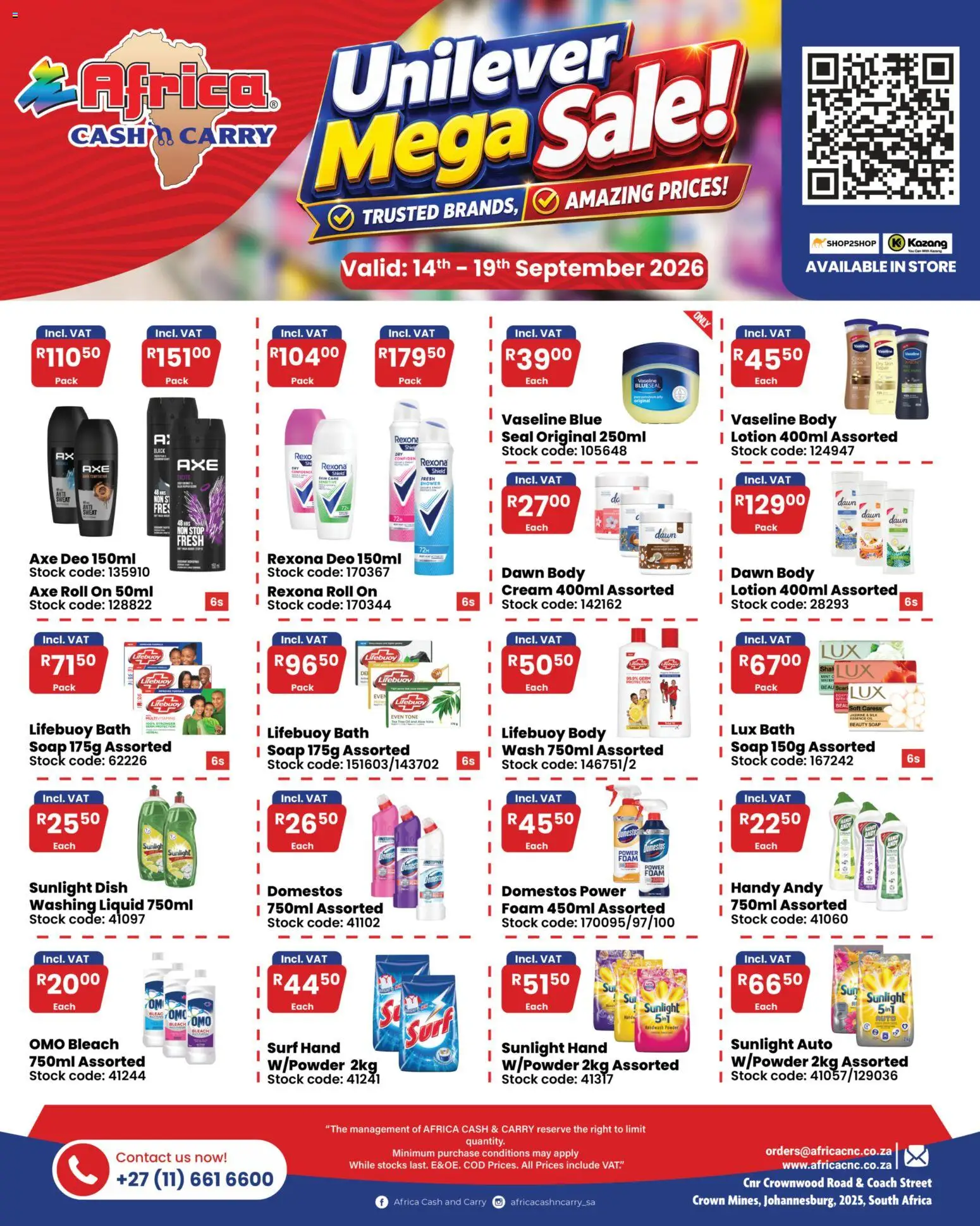 Preview of Africa Cash & Carry flyer valid from 14/09/2026 - Shower, Bleach, Cream, Soap, Bath, Stock, Foam, Powder