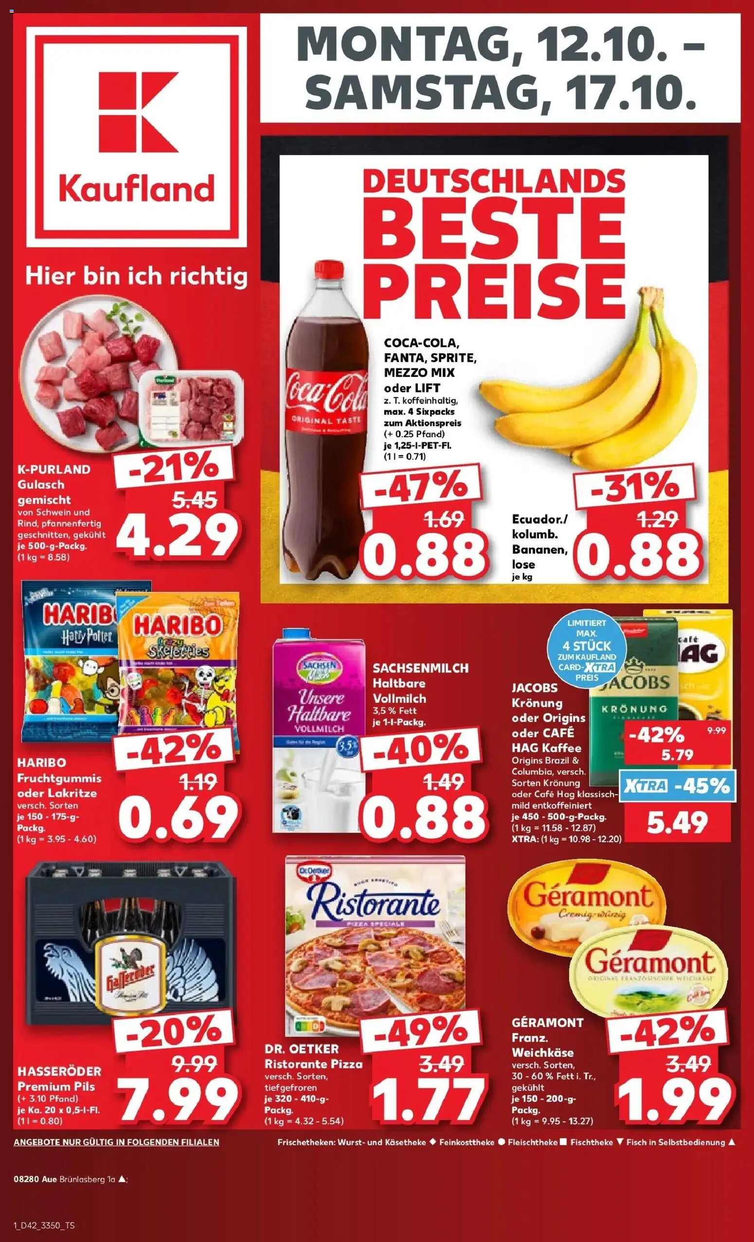 Vorschau von dem Prospekt des Geschäftes Kaufland, gültig ab dem 12.10.2026 - Pizza, Coca cola, Haribo, Fisch, Wurst, Gulasch, Mezzo mix, Hasseröder