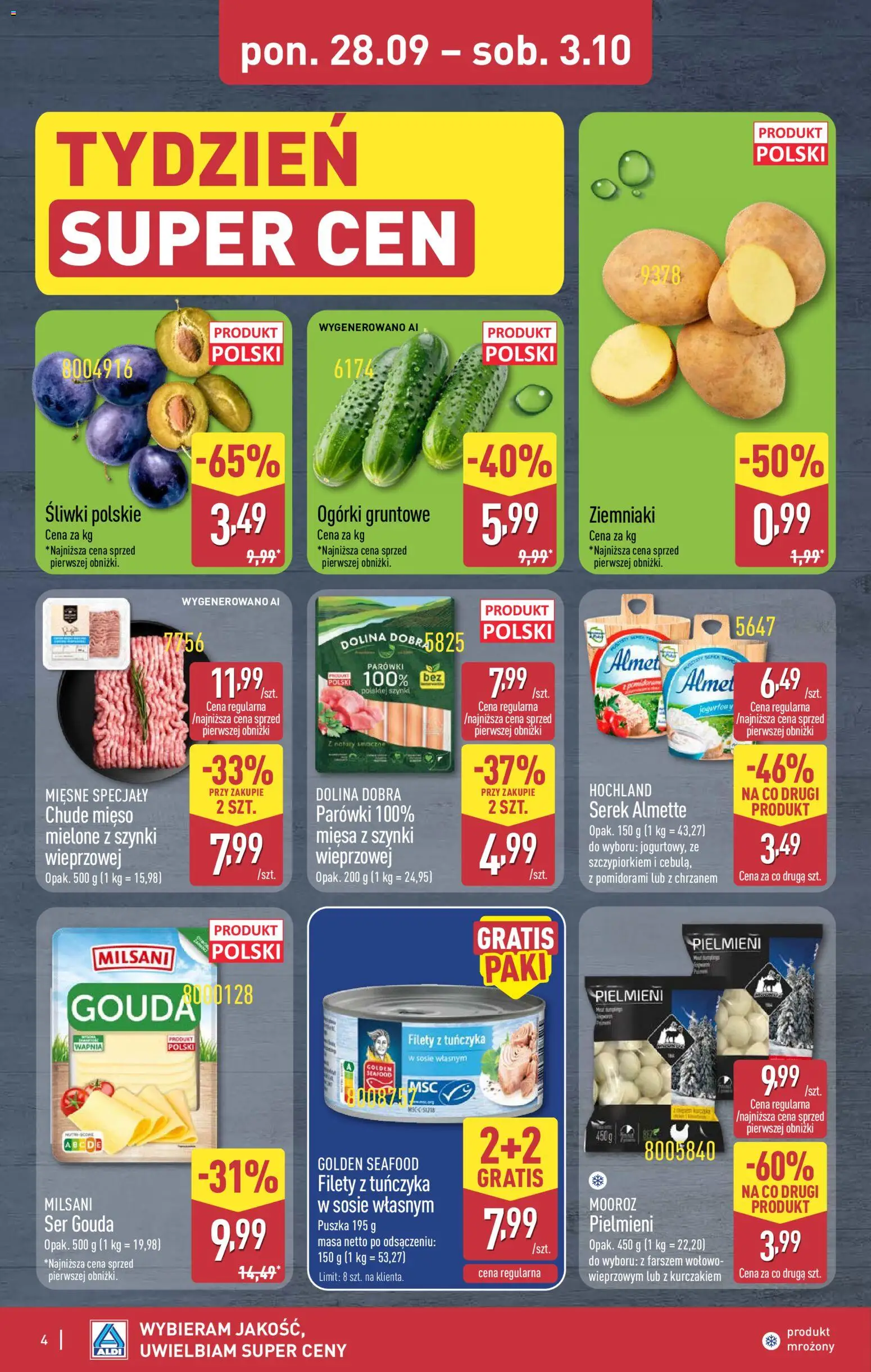 Pogląd gazetki "Aldi gazetka - Oferta weekendowa" ze sklepu Aldi ważnej od 01.10.2026 - Mięso, Ser, Ogórki, Śliwki, Almette, Parówki, Serek almette, Ser gouda