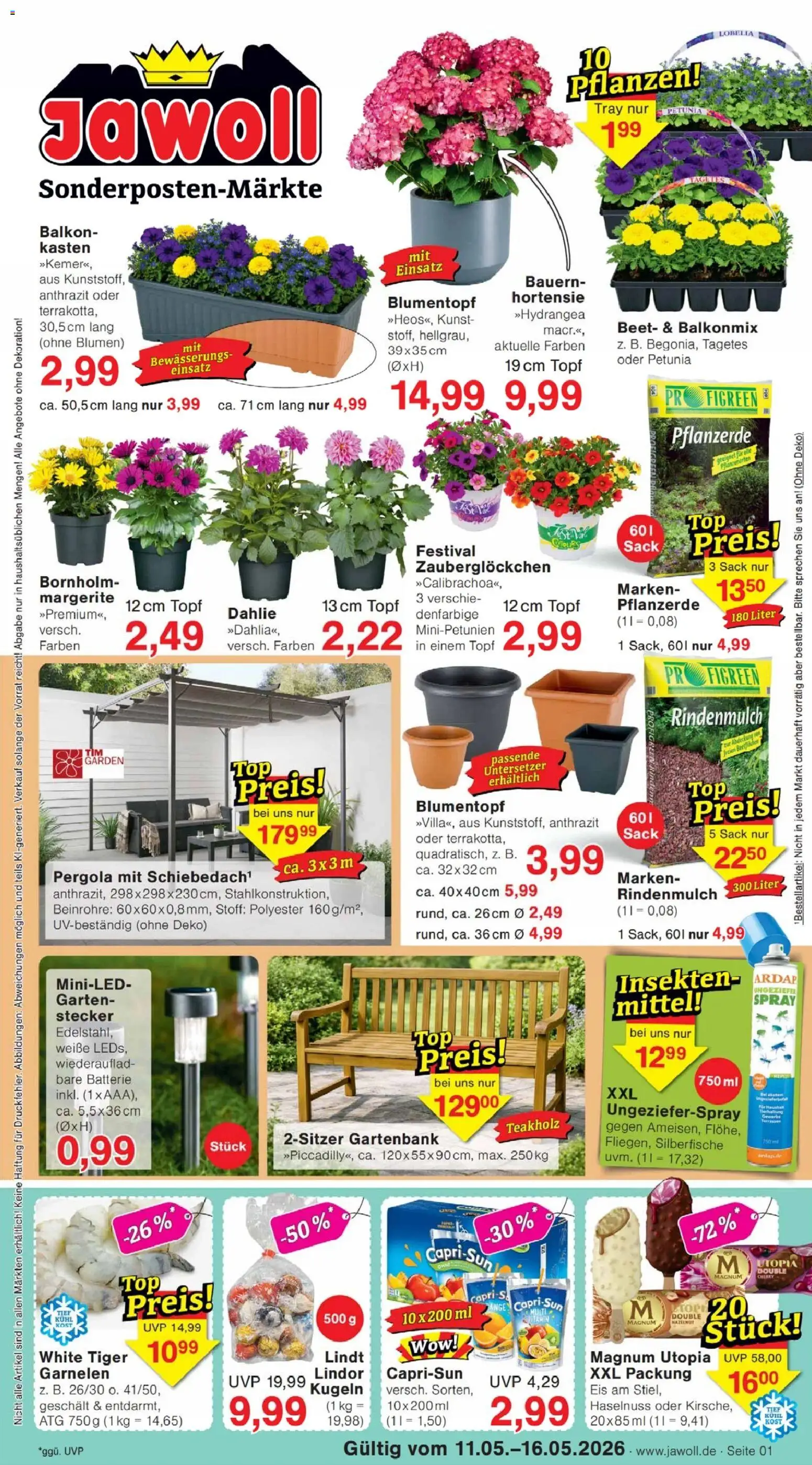 Vorschau von dem Prospekt des Geschäftes Jawoll, gültig ab dem 11.05.2026 - Eis, Lindt, Batterie, Garnelen, Rindenmulch, Blumentopf, Hortensie, Pflanzerde