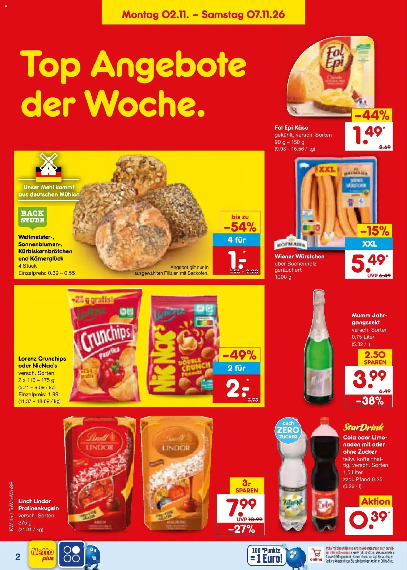 Vorschau von dem Prospekt des Geschäftes Netto Marken-Discount, gültig ab dem 02.11.2026 - Lindt, Top, Paprika, Mehl, Zucker, Lindor, Lorenz crunchips, Wiener wurstchen