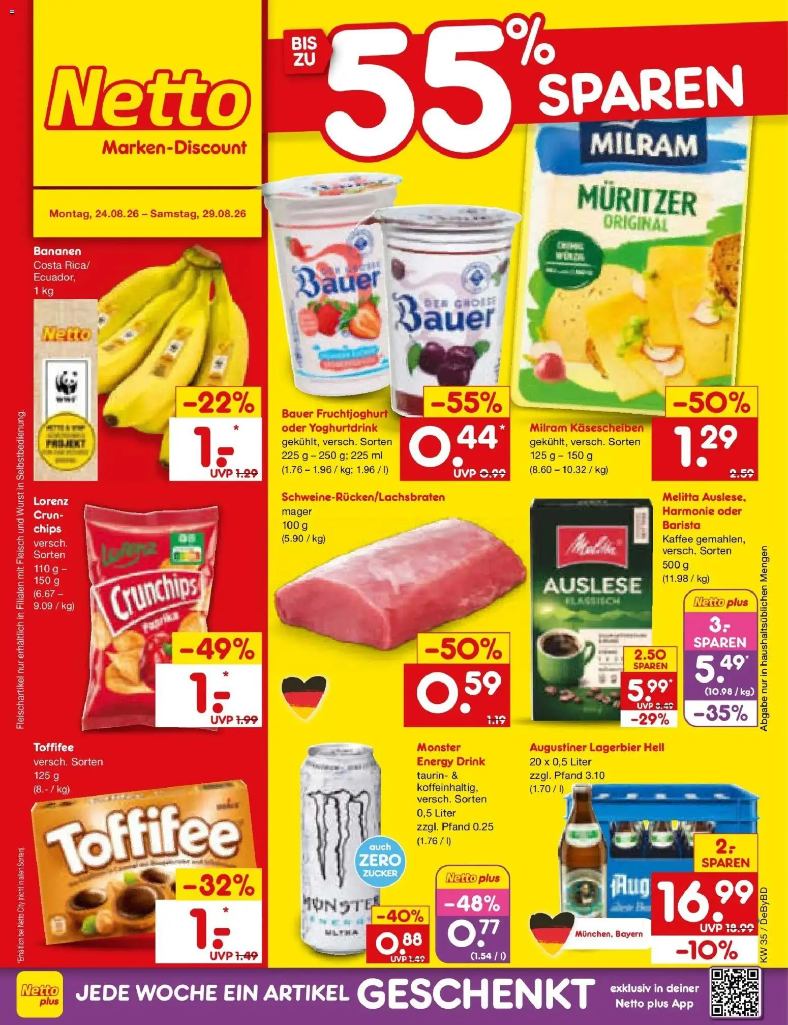 Vorschau von dem Prospekt des Geschäftes Netto Marken-Discount, gültig ab dem 24.08.2026 - Kaffee, Chips, Bananen, Fleisch, Toffifee, Zucker, Energy, Fruchtjoghurt