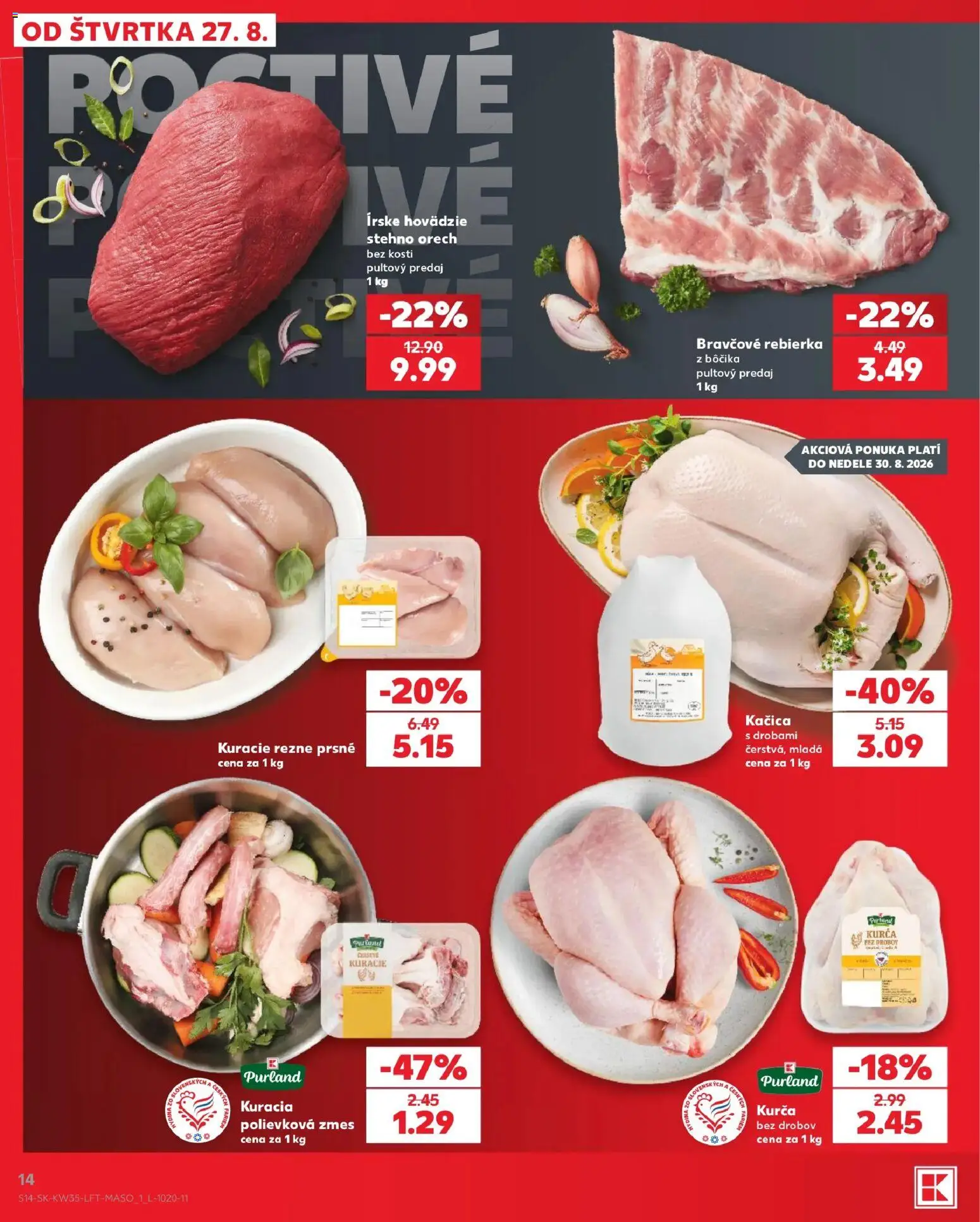 Náhľad Kaufland letáku platného od 27.08.2026 - Kuracie rezne, Kačica, Rezne, Hovädzie stehno, Kurča