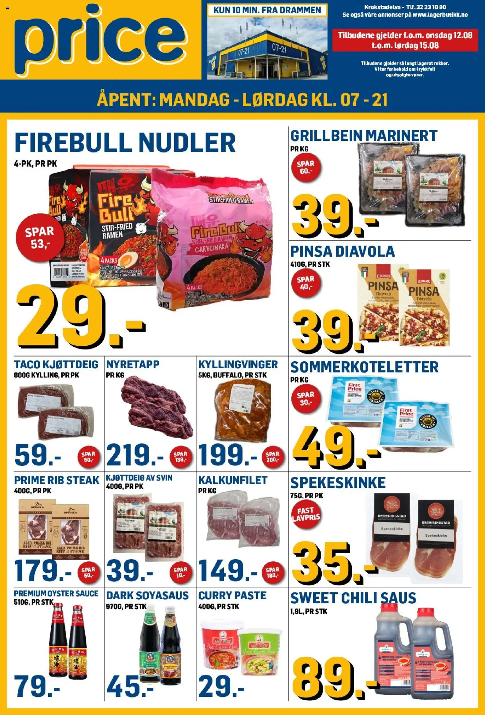 Forhåndsvis Price Lagerbutikk kundeavis fra butikk Price Lagerbutikk gyldig fra 12/08/2026 - Koteletter, Svin, Nudler, Kjøttdeig, Saus, Kalkunfilet, Taco, Kyllingvinger