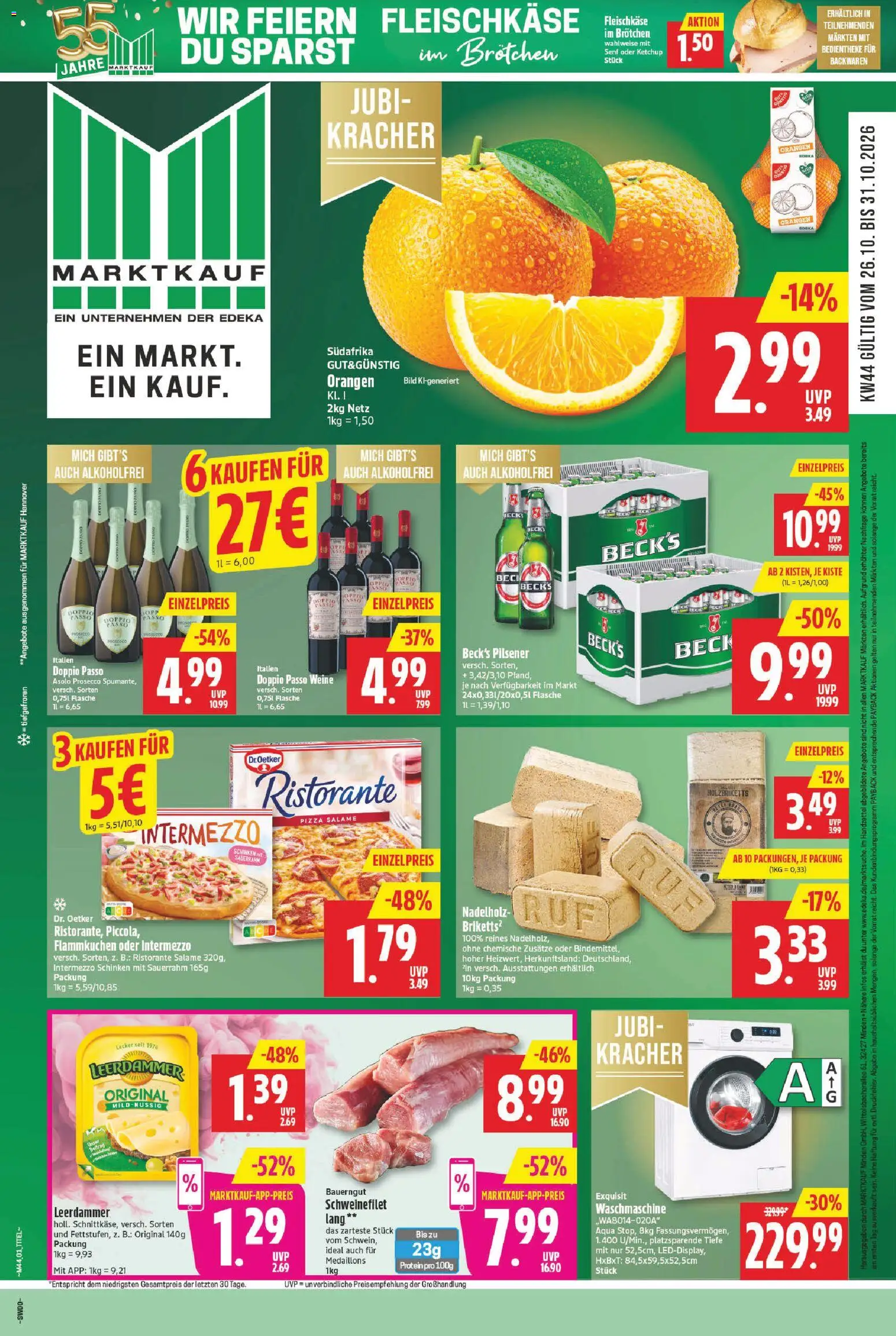 Vorschau von dem Prospekt des Geschäftes Marktkauf, gültig ab dem 26.10.2026 - Waschmaschine, Ristorante, Schinken, Sauerrahm, Ketchup, Orangen, Leerdammer, Bauerngut