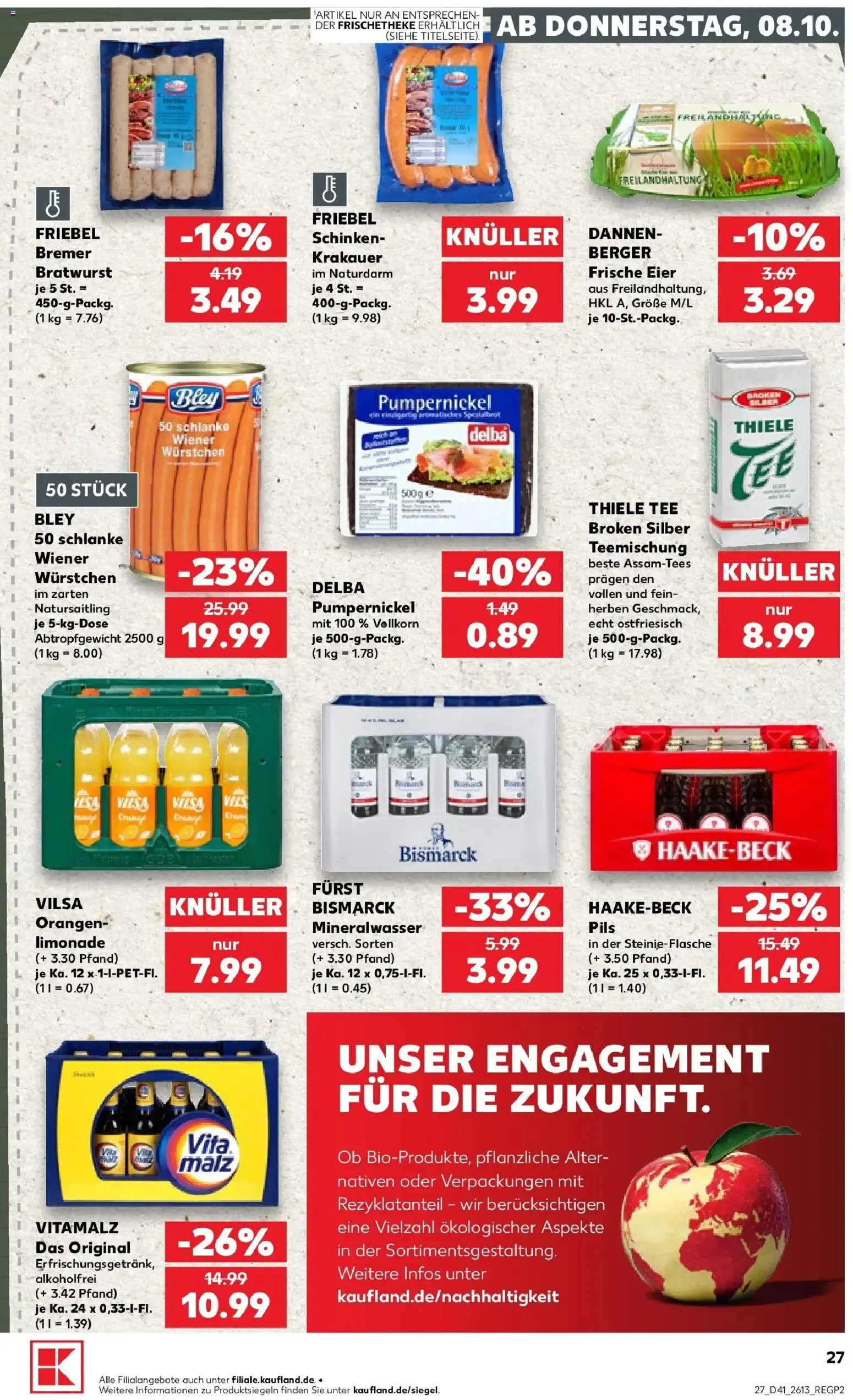 Vorschau von dem Prospekt des Geschäftes Kaufland, gültig ab dem 08.10.2026 - Tee, Bratwurst, Mineralwasser, Eier, Schinken, Limonade, Orangen, Pils
