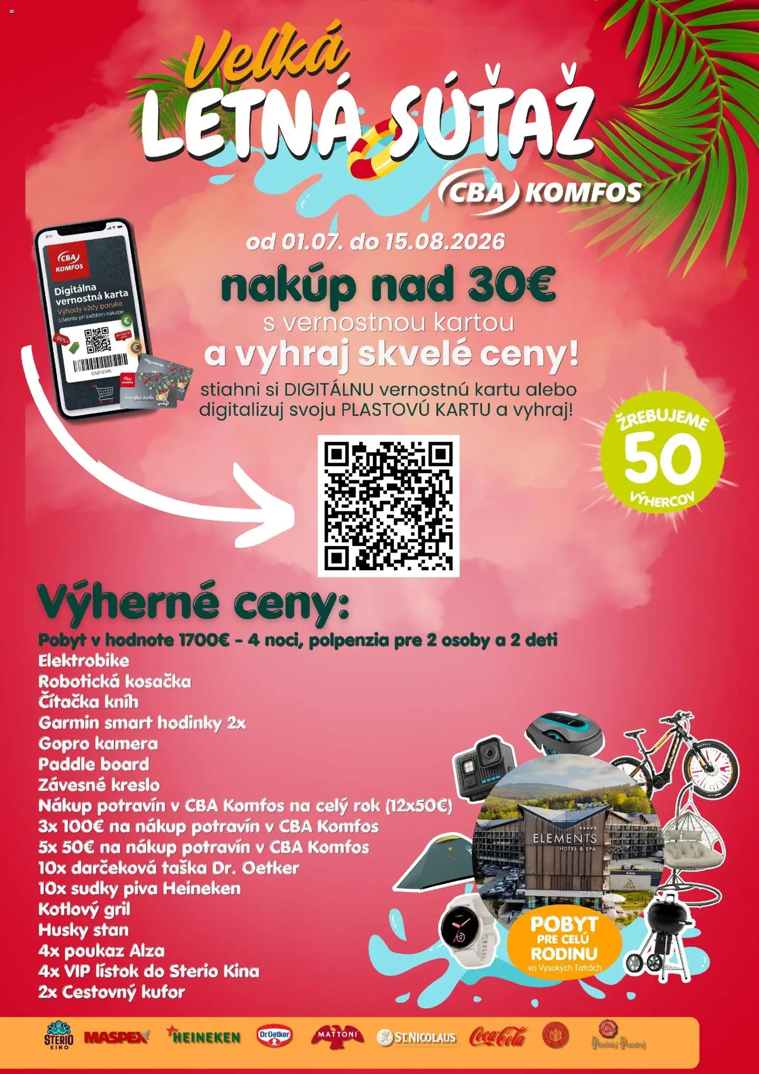 Náhľad CBA Komfos letáku platného od 01.07.2026 - Smart hodinky, Hodinky, Kufor, Gril, Kamera, Taška, Kosačka, Závesne kreslo